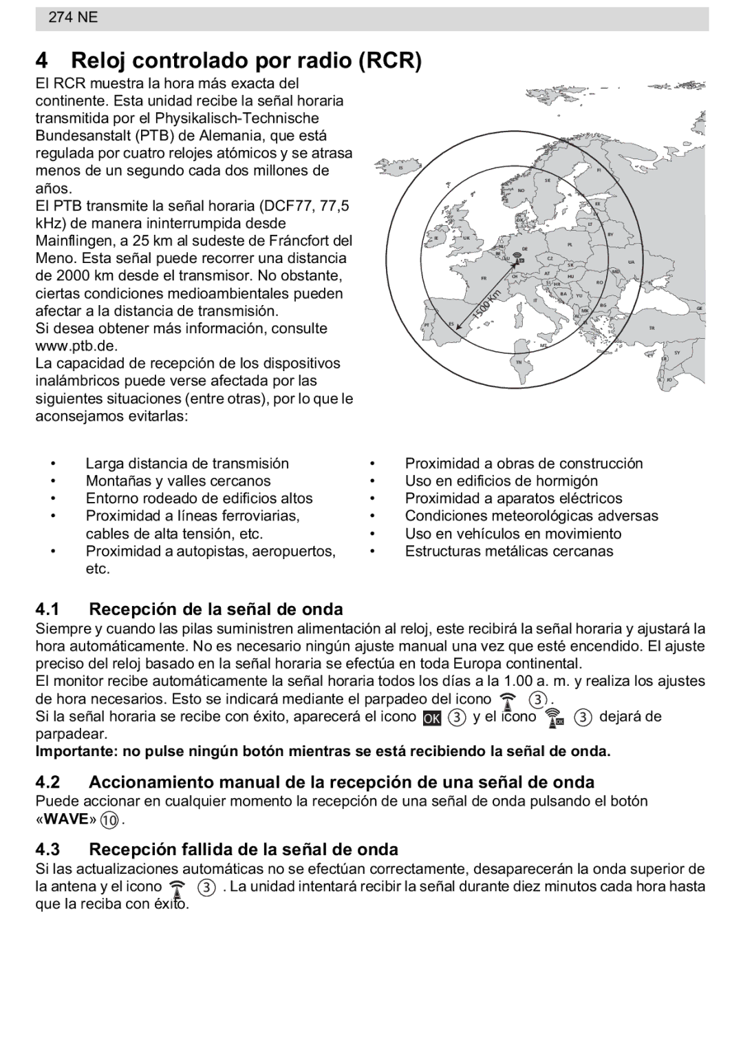 National Geographic 274NE manual Reloj controlado por radio RCR, Recepción de la señal de onda 