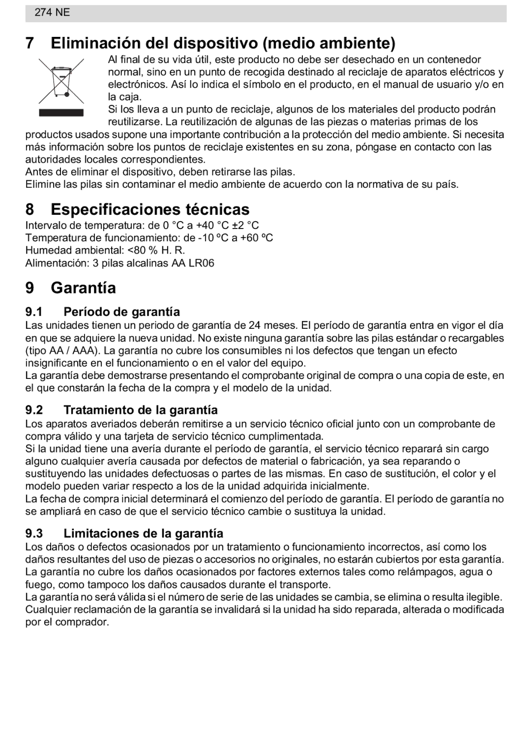 National Geographic 274NE manual Eliminación del dispositivo medio ambiente, Especificaciones técnicas, Garantía 