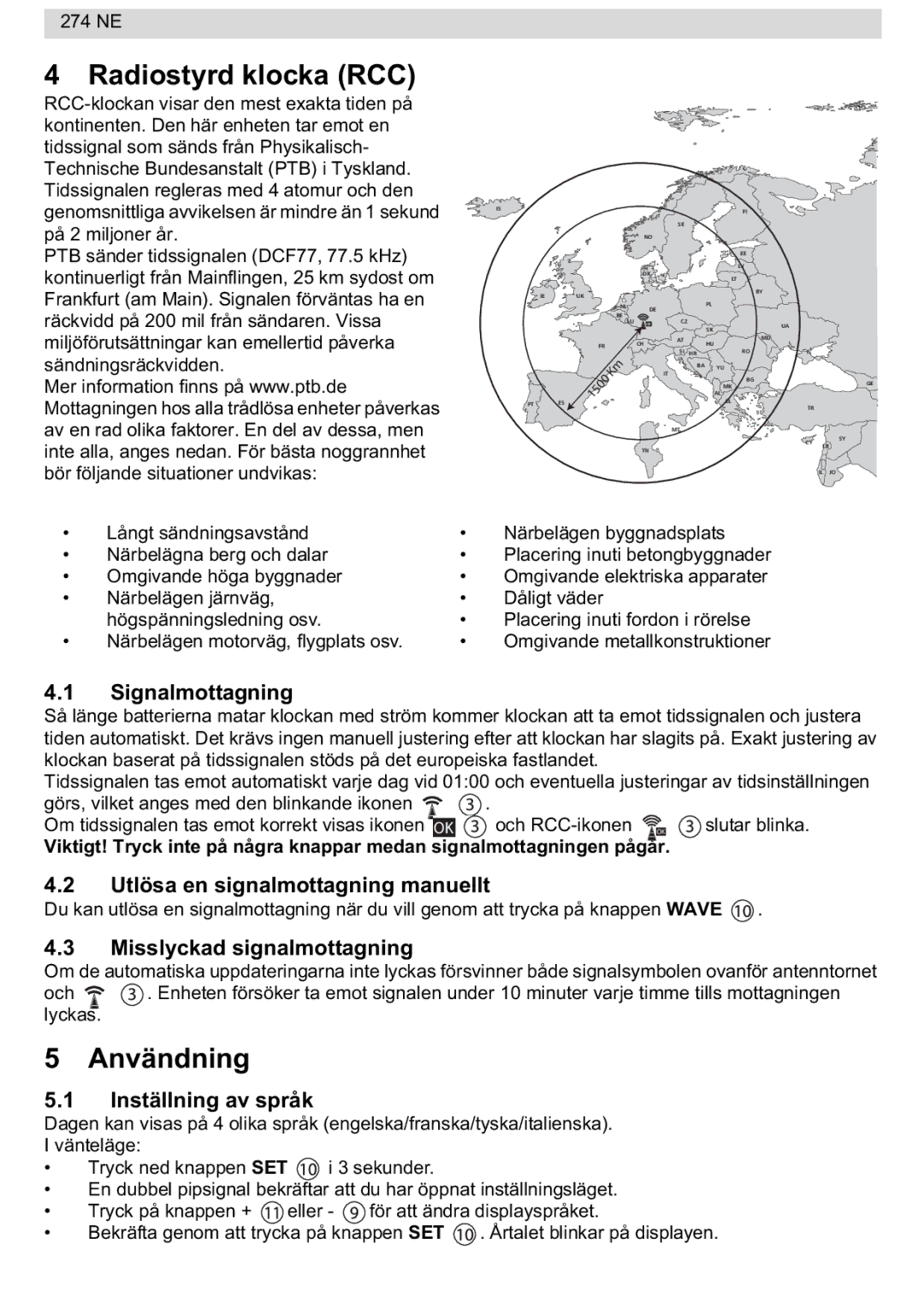 National Geographic 274NE manual Radiostyrd klocka RCC, Användning 