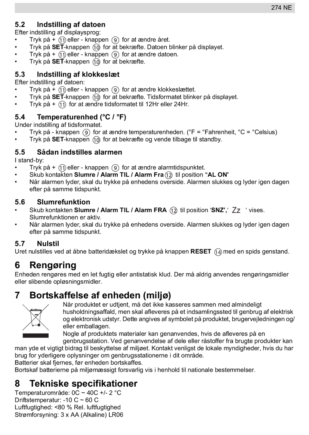 National Geographic 274NE manual Rengøring, Bortskaffelse af enheden miljø, Tekniske specifikationer 