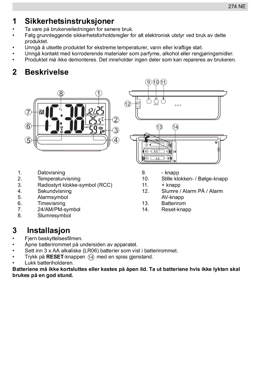 National Geographic 274NE manual Sikkerhetsinstruksjoner, Installasjon 