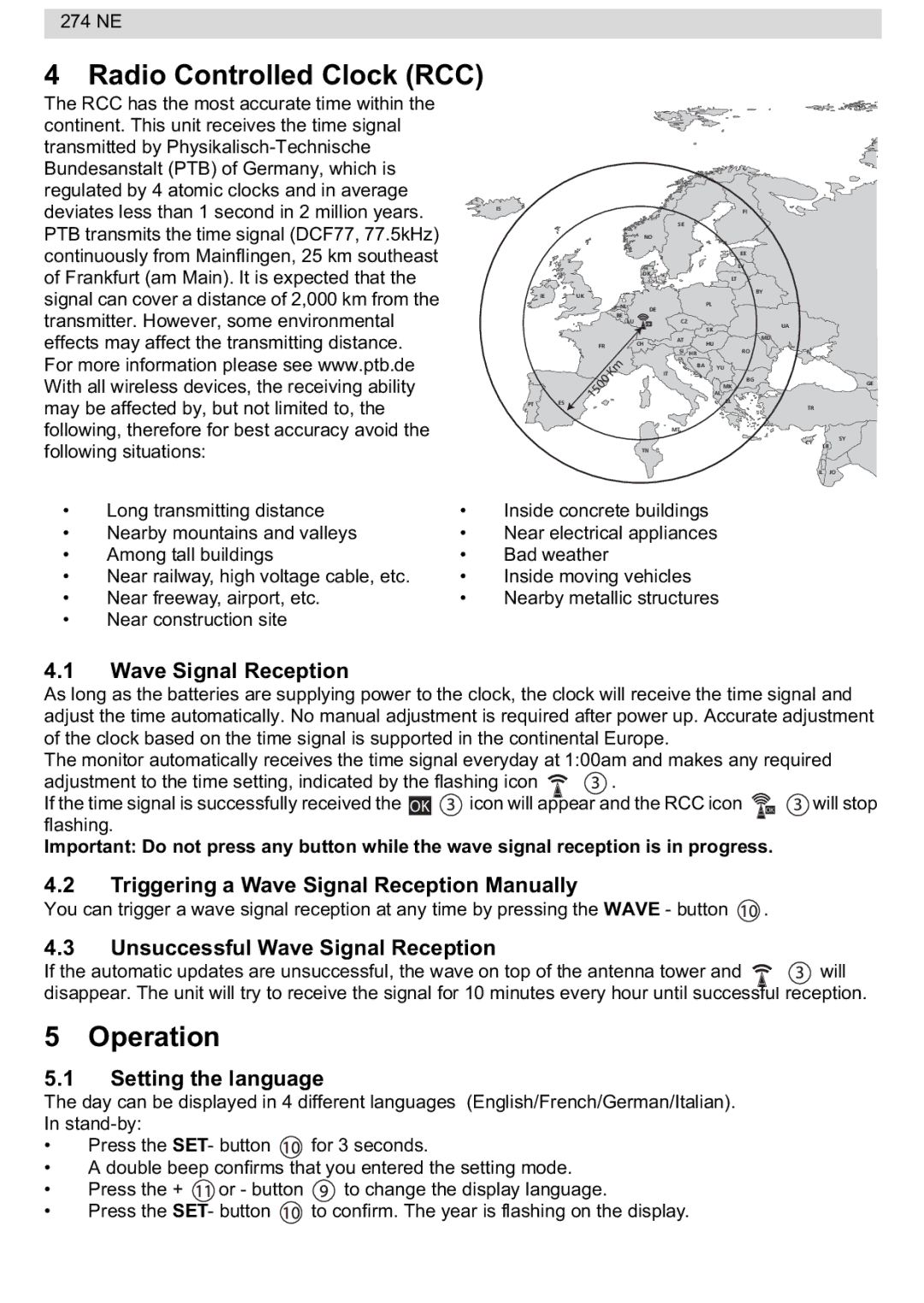 National Geographic 274NE manual Radio Controlled Clock RCC, Operation 