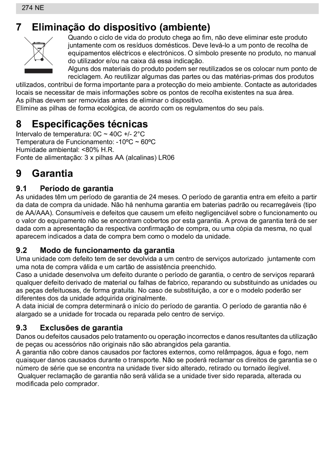 National Geographic 274NE manual Eliminação do dispositivo ambiente, Especificações técnicas, Garantia 