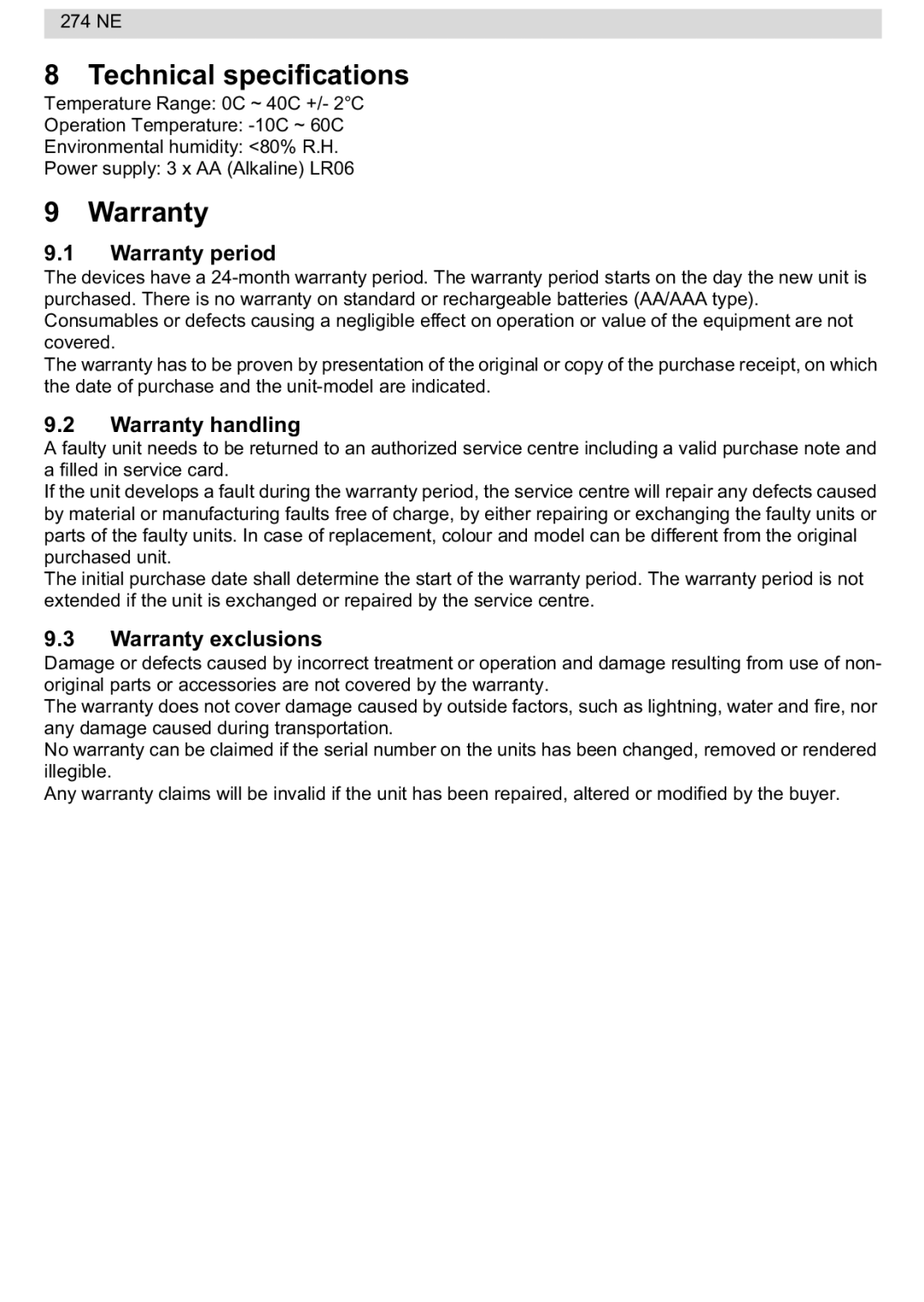 National Geographic 274NE manual Technical specifications, Warranty period, Warranty handling, Warranty exclusions 