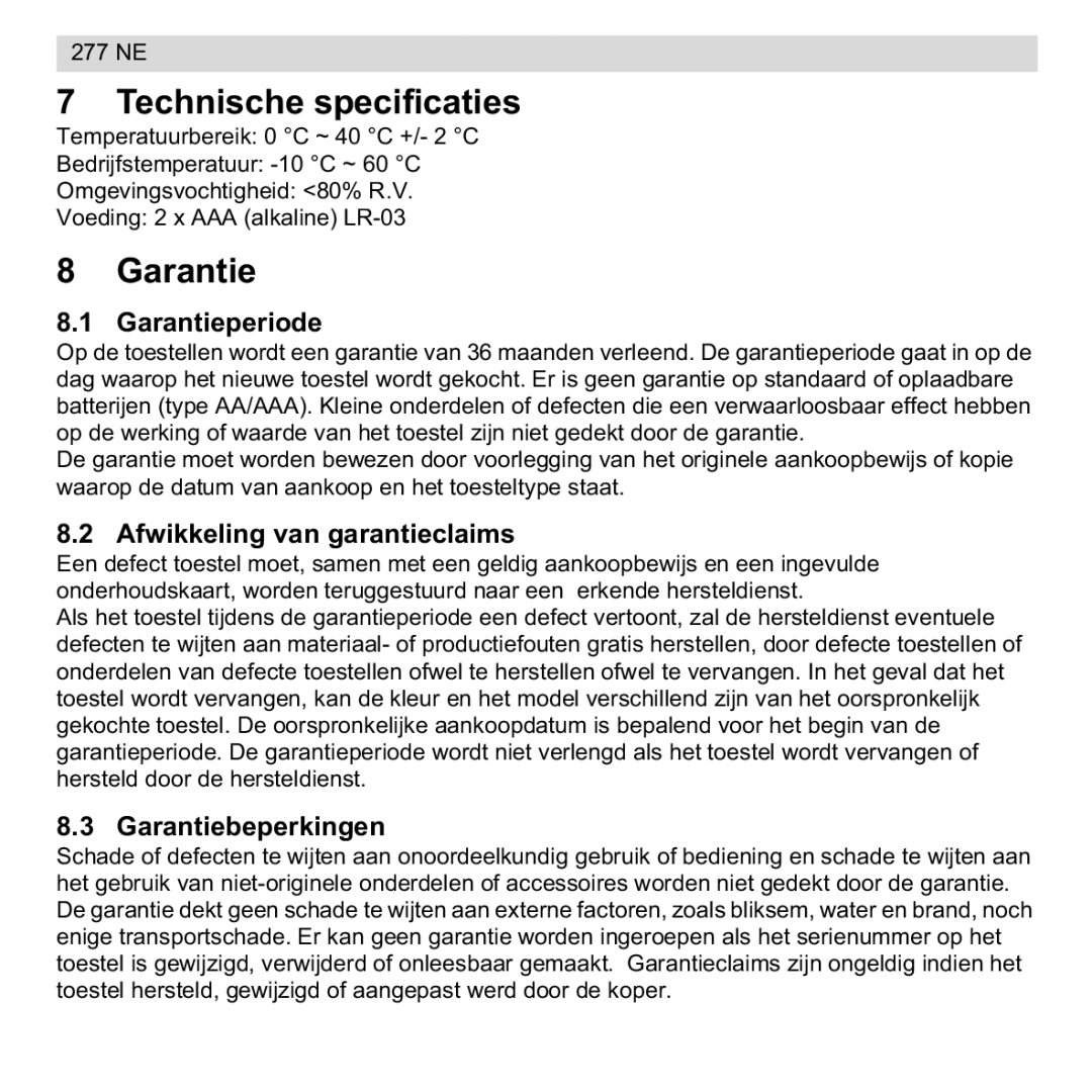 National Geographic 277 NE manual Technische specificaties, Garantieperiode, Afwikkeling van garantieclaims 