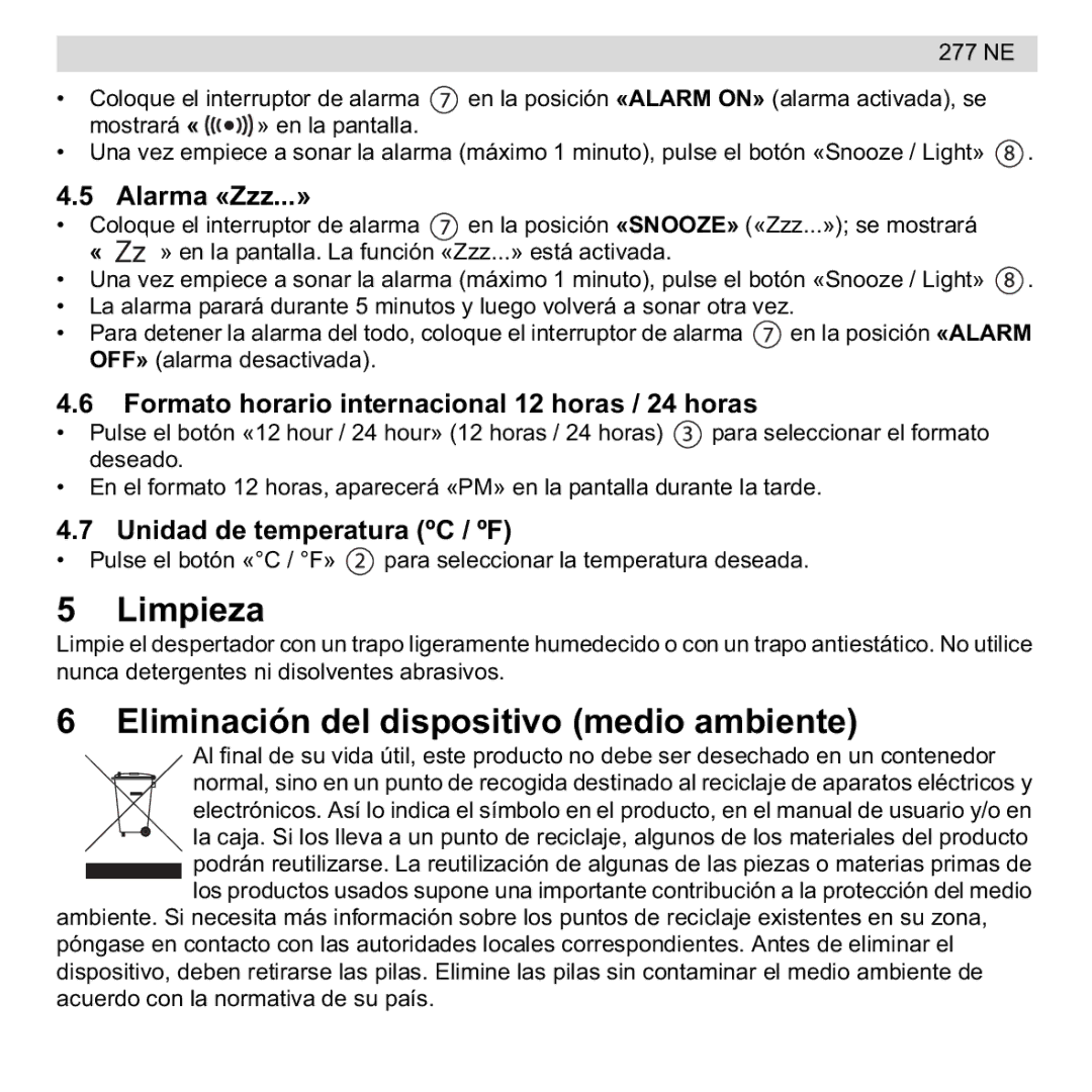 National Geographic 277 NE manual Limpieza, Eliminación del dispositivo medio ambiente, Alarma «Zzz...» 