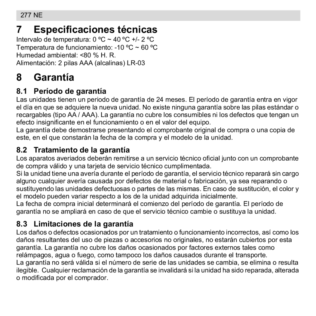 National Geographic 277 NE manual Especificaciones técnicas, Garantía, Período de garantía, Tratamiento de la garantía 