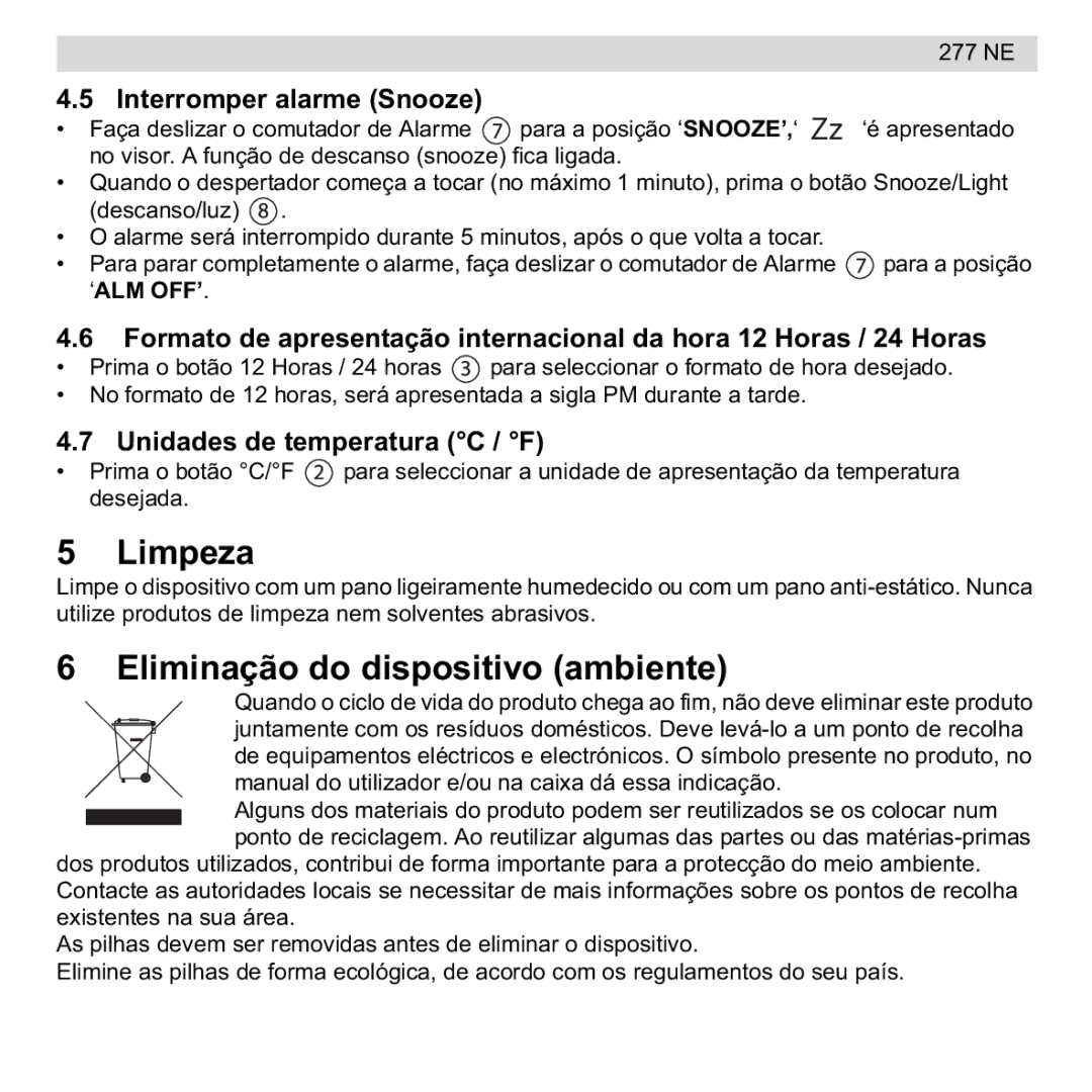 National Geographic 277 NE manual Limpeza, Eliminação do dispositivo ambiente, Interromper alarme Snooze 