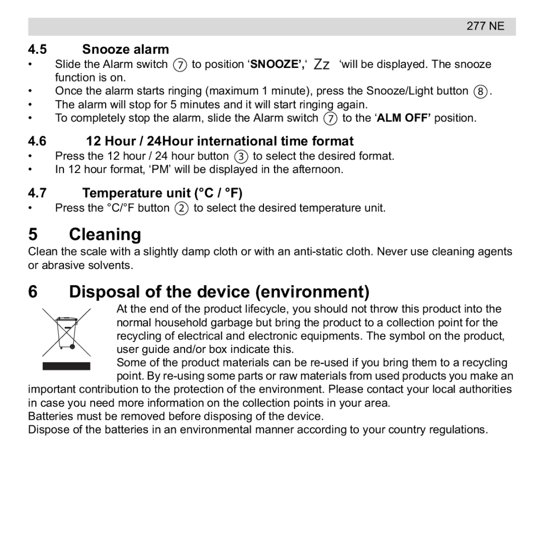 National Geographic 277 NE manual Cleaning, Disposal of the device environment, Snooze alarm, Temperature unit C / F 