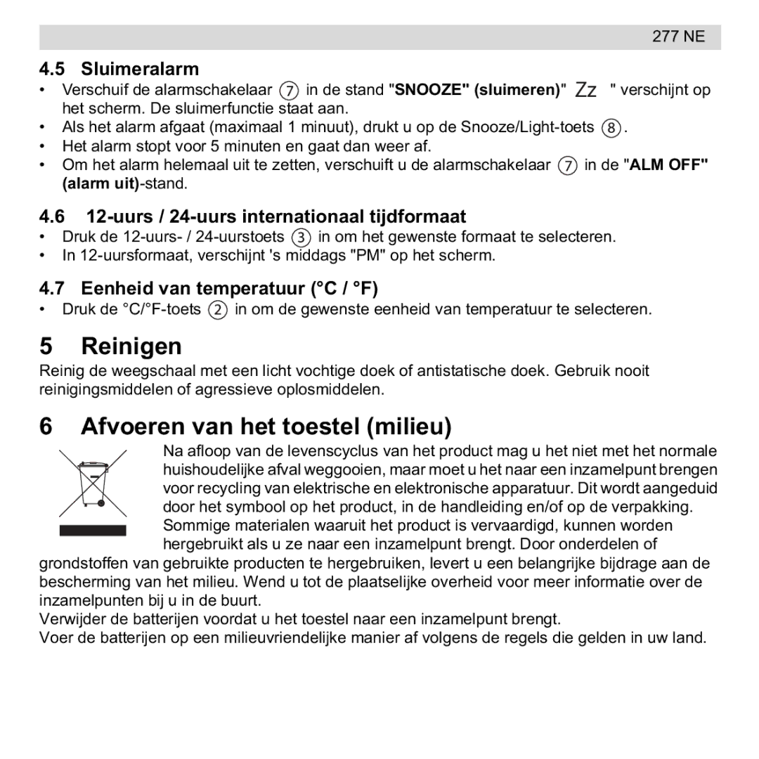 National Geographic 277 NE manual Reinigen, Afvoeren van het toestel milieu, Sluimeralarm, Eenheid van temperatuur C / F 