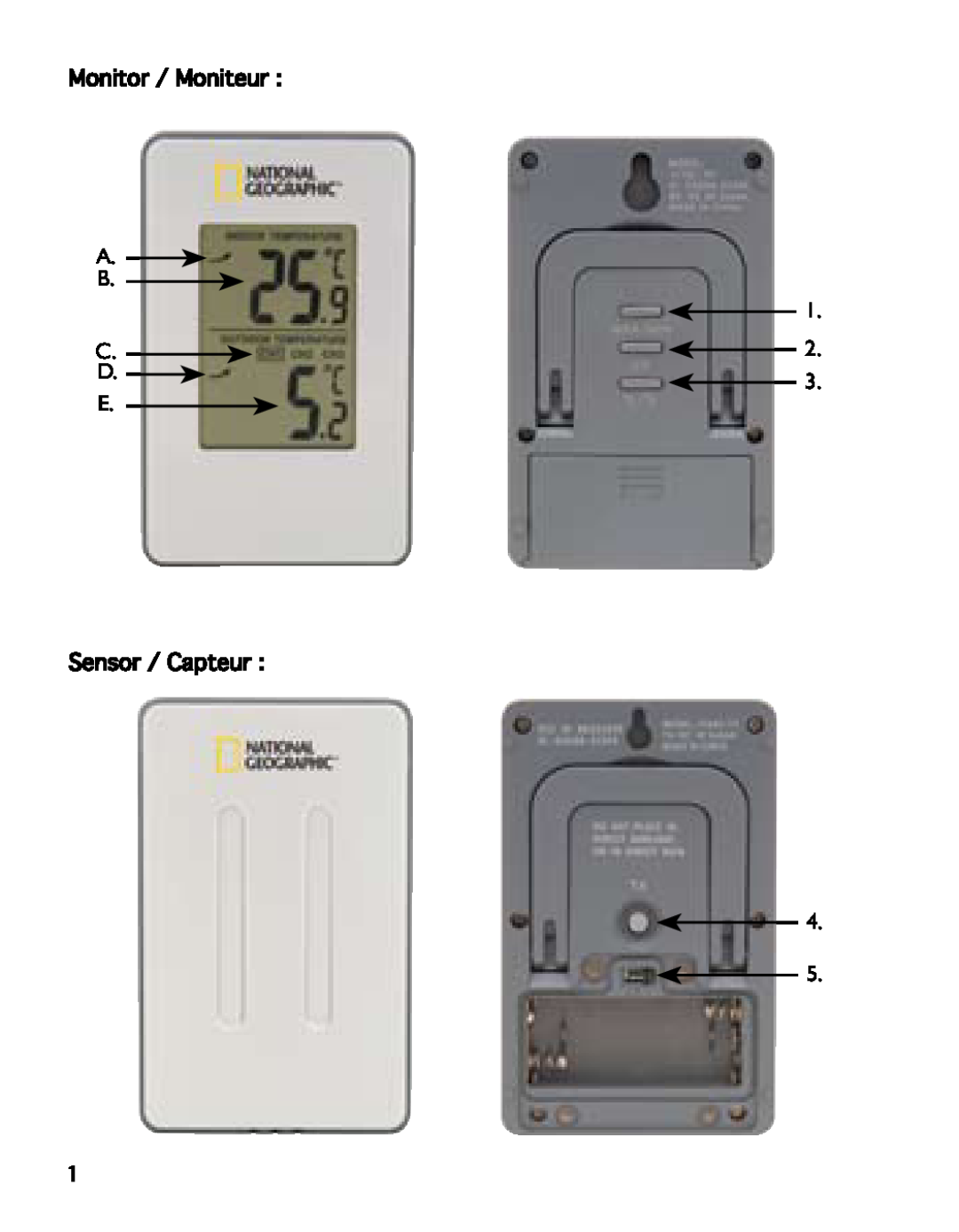 National Geographic 315NC manual Monitor / Moniteur A B C D E Sensor / Capteur 