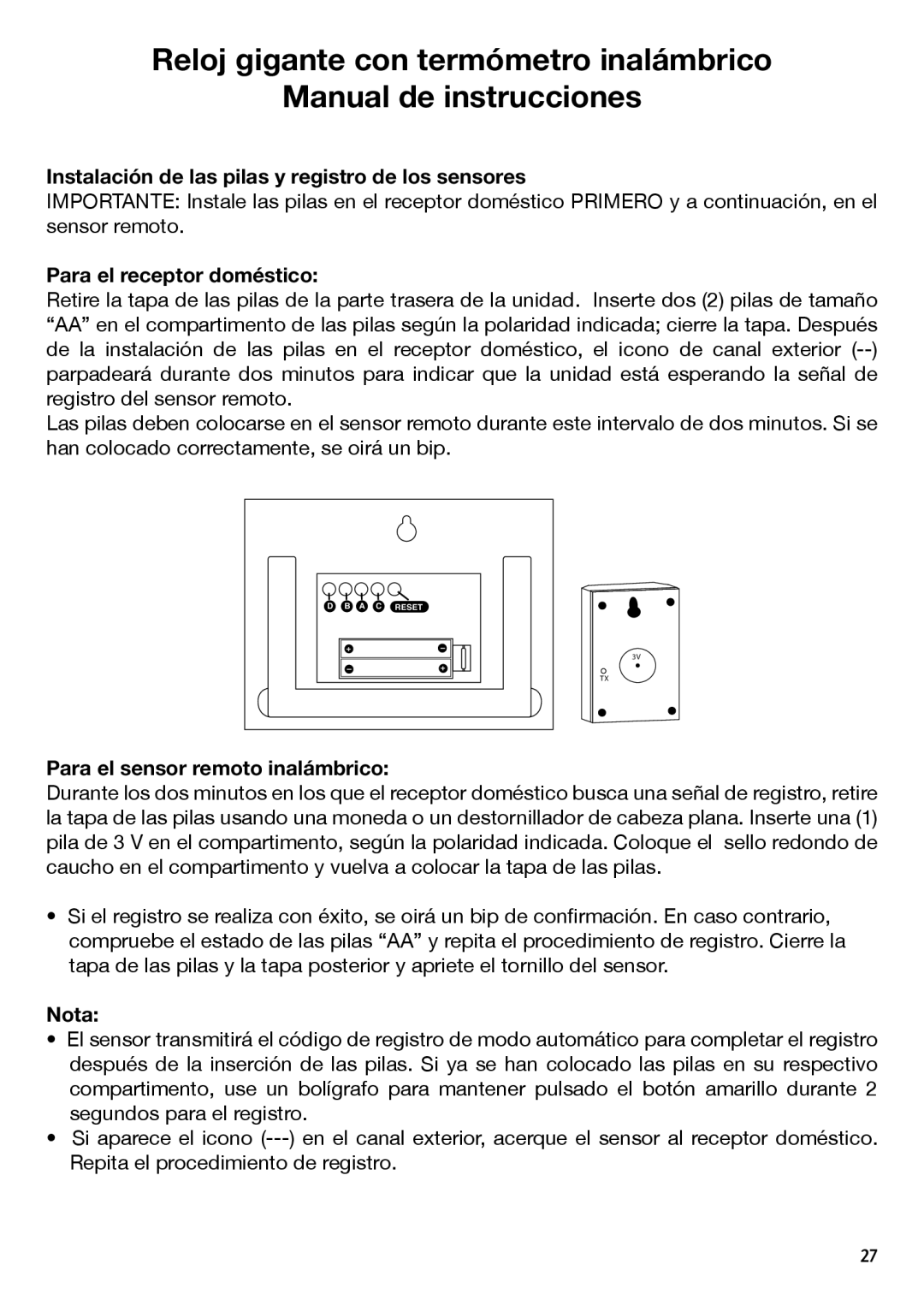 National Geographic IN103TOP manual Instalación de las pilas y registro de los sensores, Para el receptor doméstico, Nota 