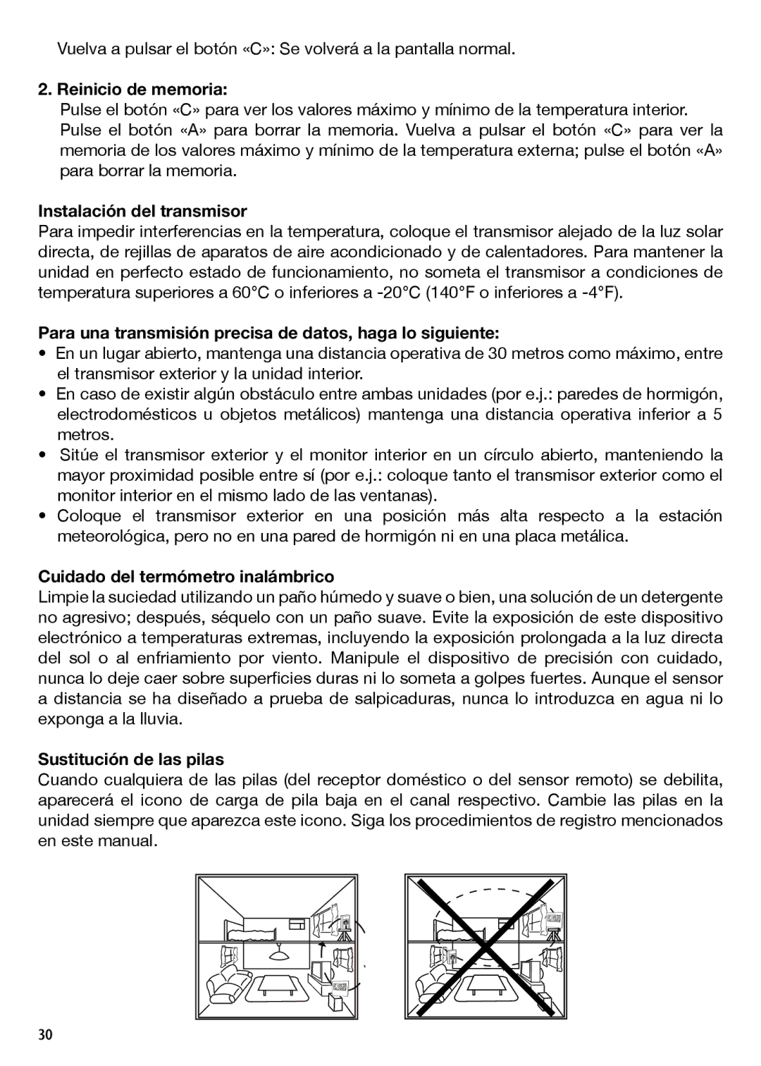 National Geographic IN103TOP manual Reinicio de memoria, Instalación del transmisor, Cuidado del termómetro inalámbrico 