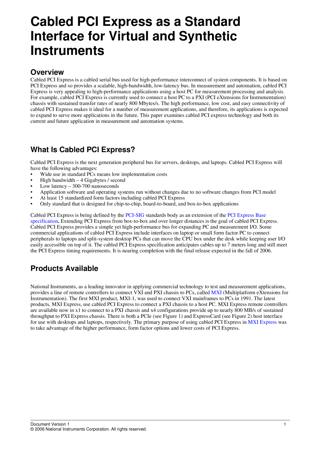 National Instruments manual Overview, What Is Cabled PCI Express?, Products Available 