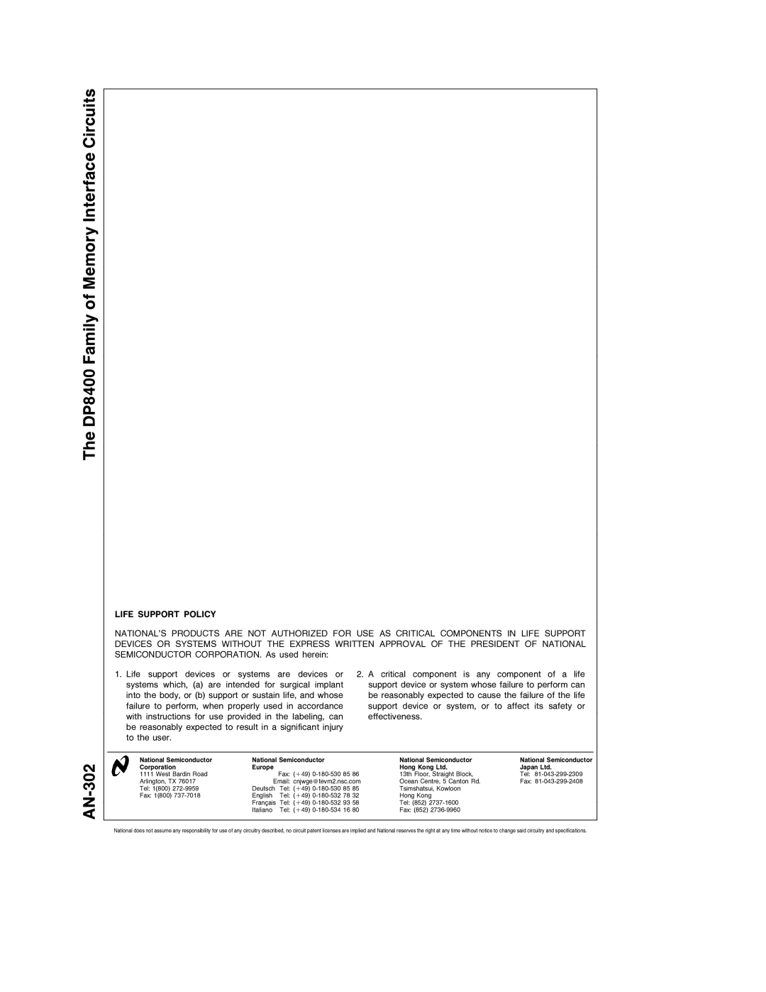 National Instruments specifications DP8400 Family of Memory Interface Circuits AN-302, Life Support Policy 