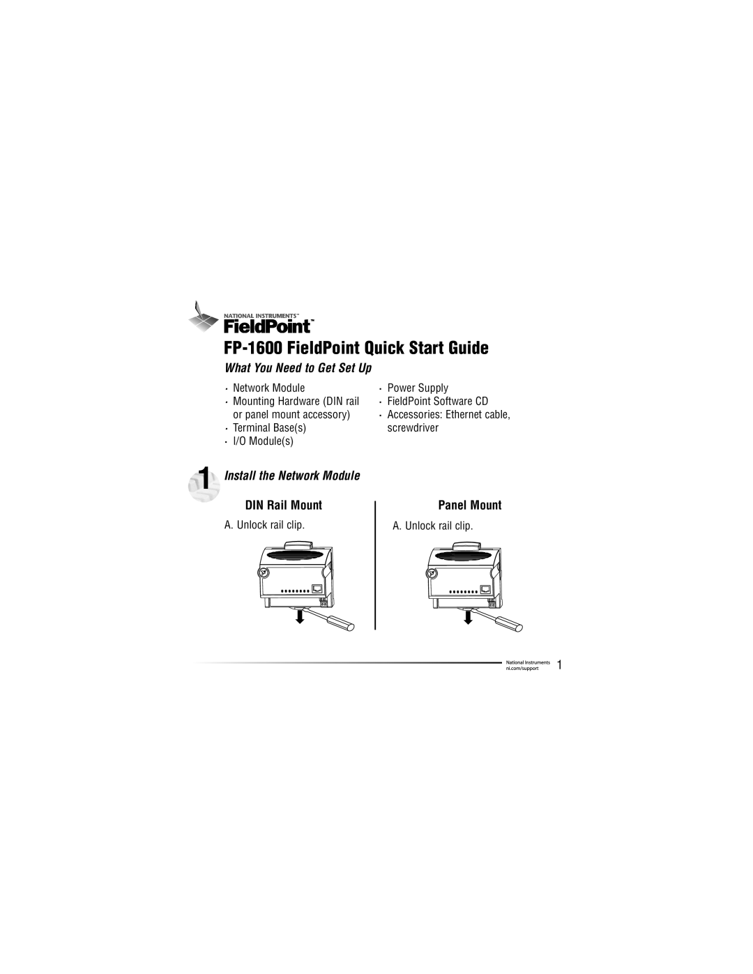 National Instruments network module, FP-1600 quick start What You Need to Get Set Up, Install the Network Module 