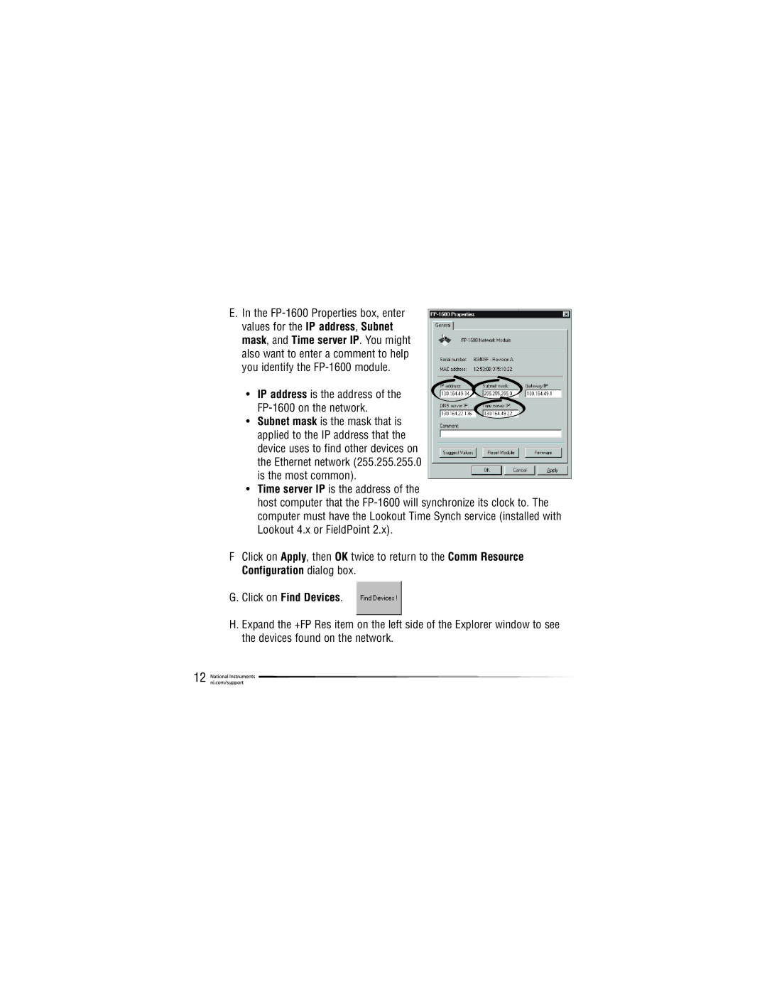 National Instruments network module IP address is the address of the FP-1600 on the network, Click on Find Devices 