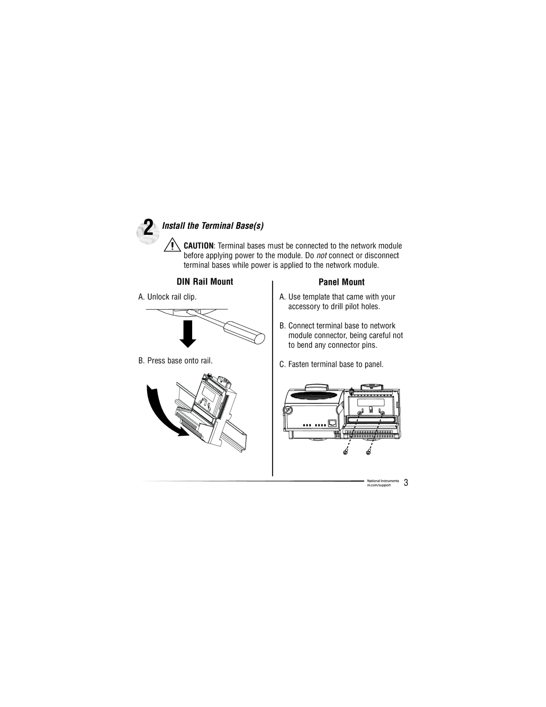 National Instruments network module, FP-1600 quick start Install the Terminal Bases 