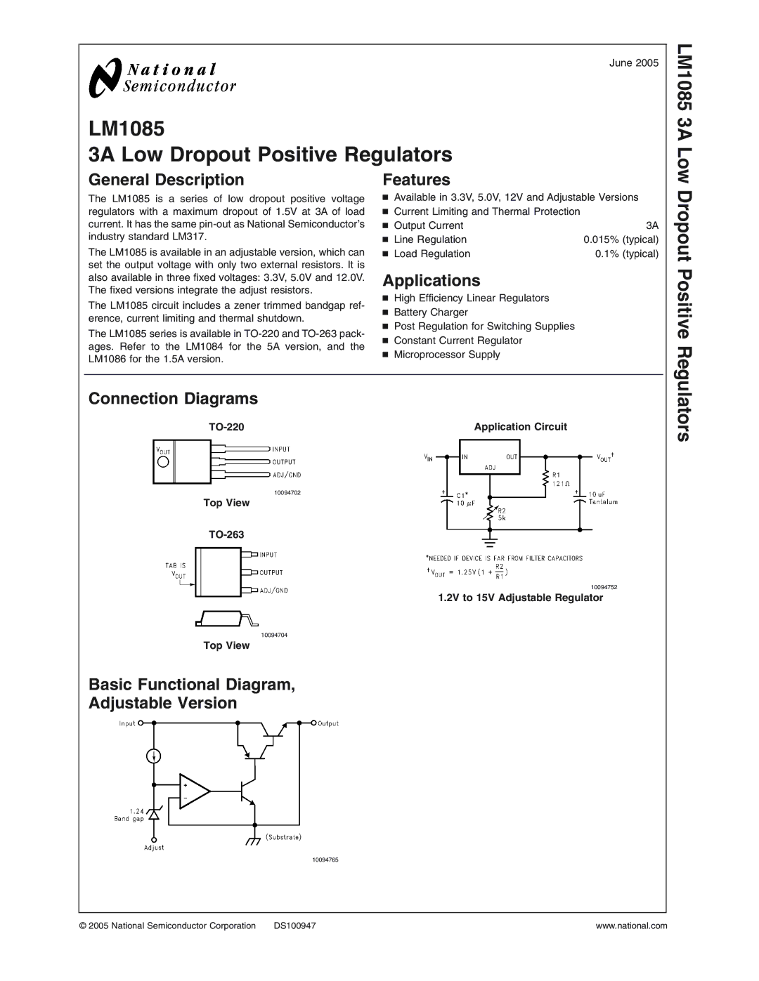 National Instruments LM1085 Series manual LM1085 3A Low General Description, Features, Applications, Connection Diagrams 