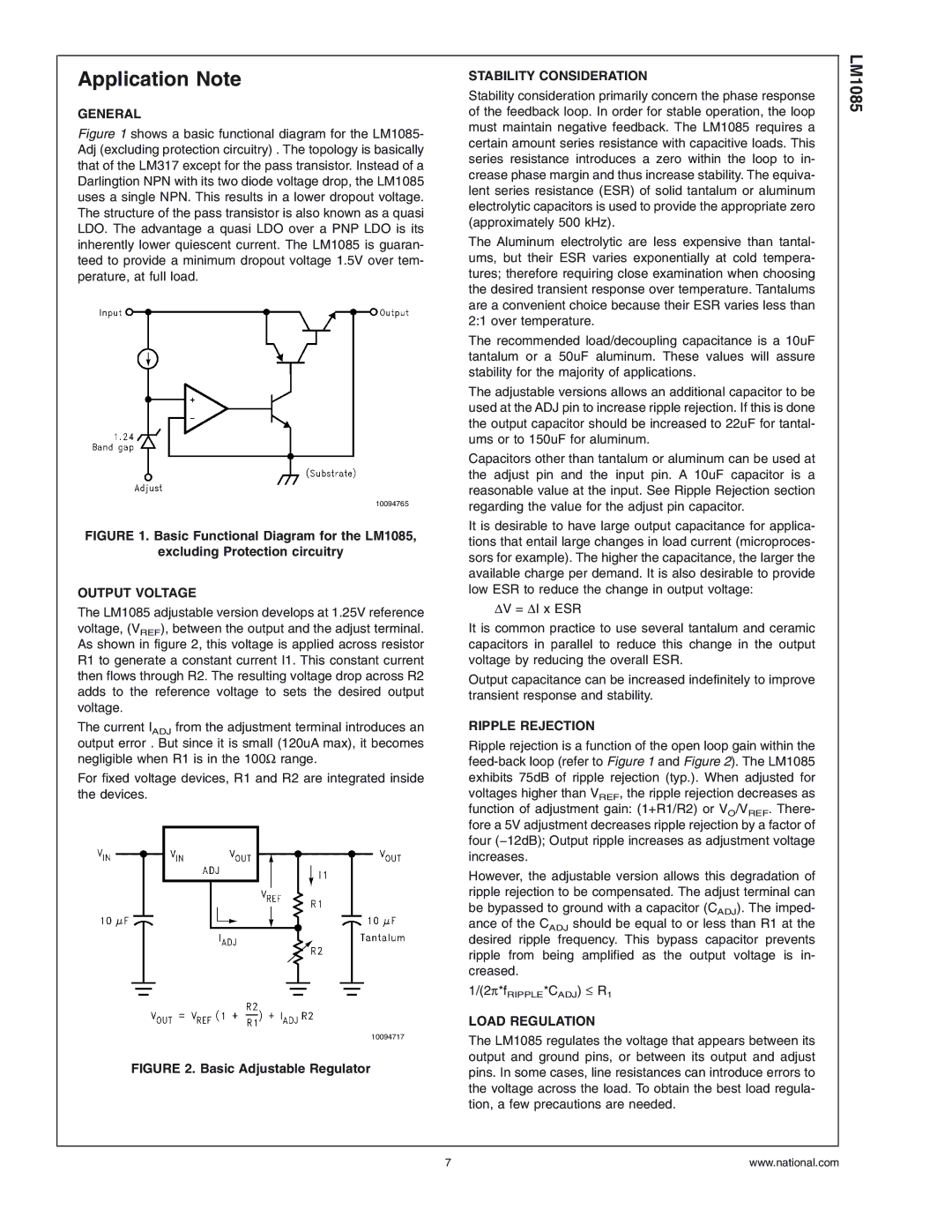 National Instruments LM1085 Series manual Application Note, Basic Adjustable Regulator 