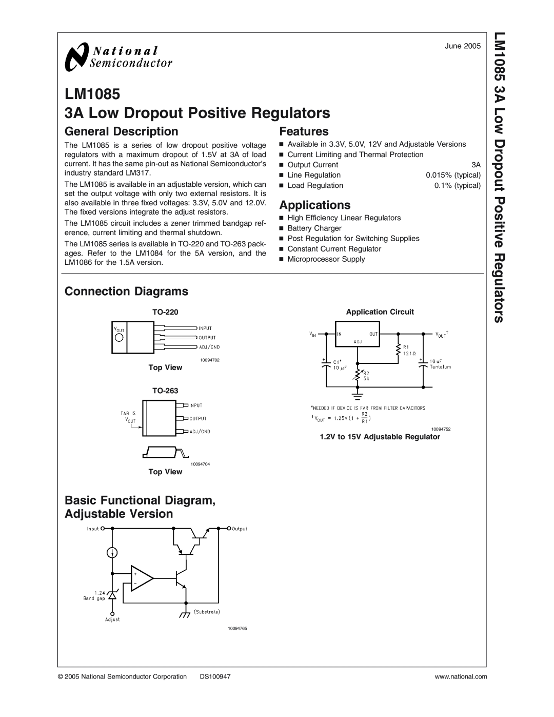 National Instruments LM1085 Series manual Dropout Positive, Regulators, LM1085 3A Low, General Description, Features 