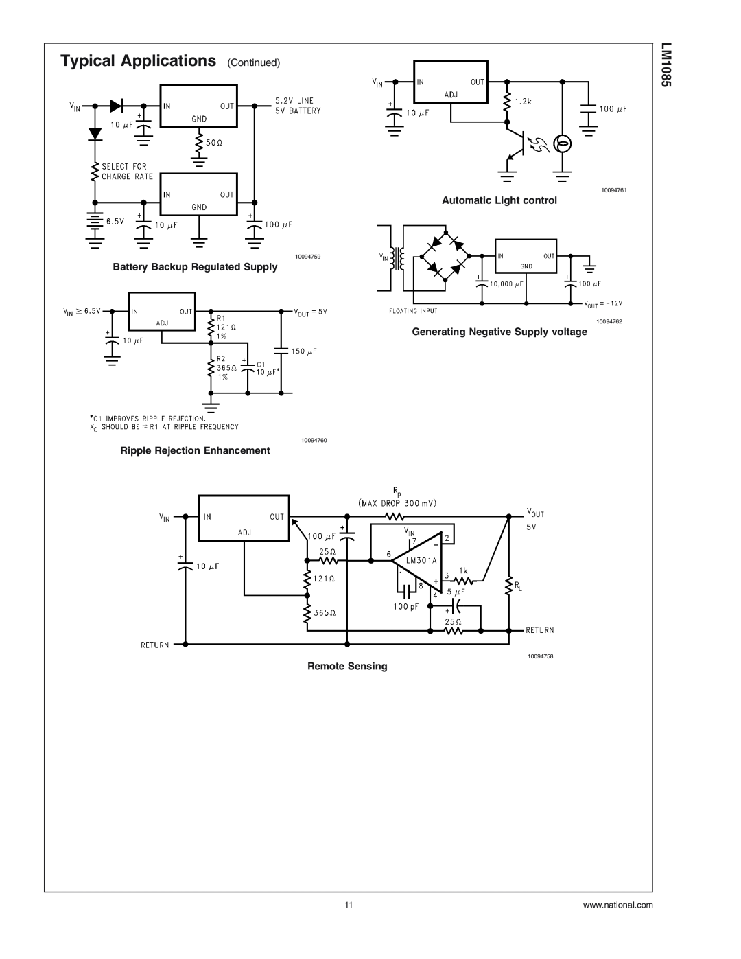 National Instruments LM1085 Series Typical Applications Continued, Automatic Light control, Ripple Rejection Enhancement 