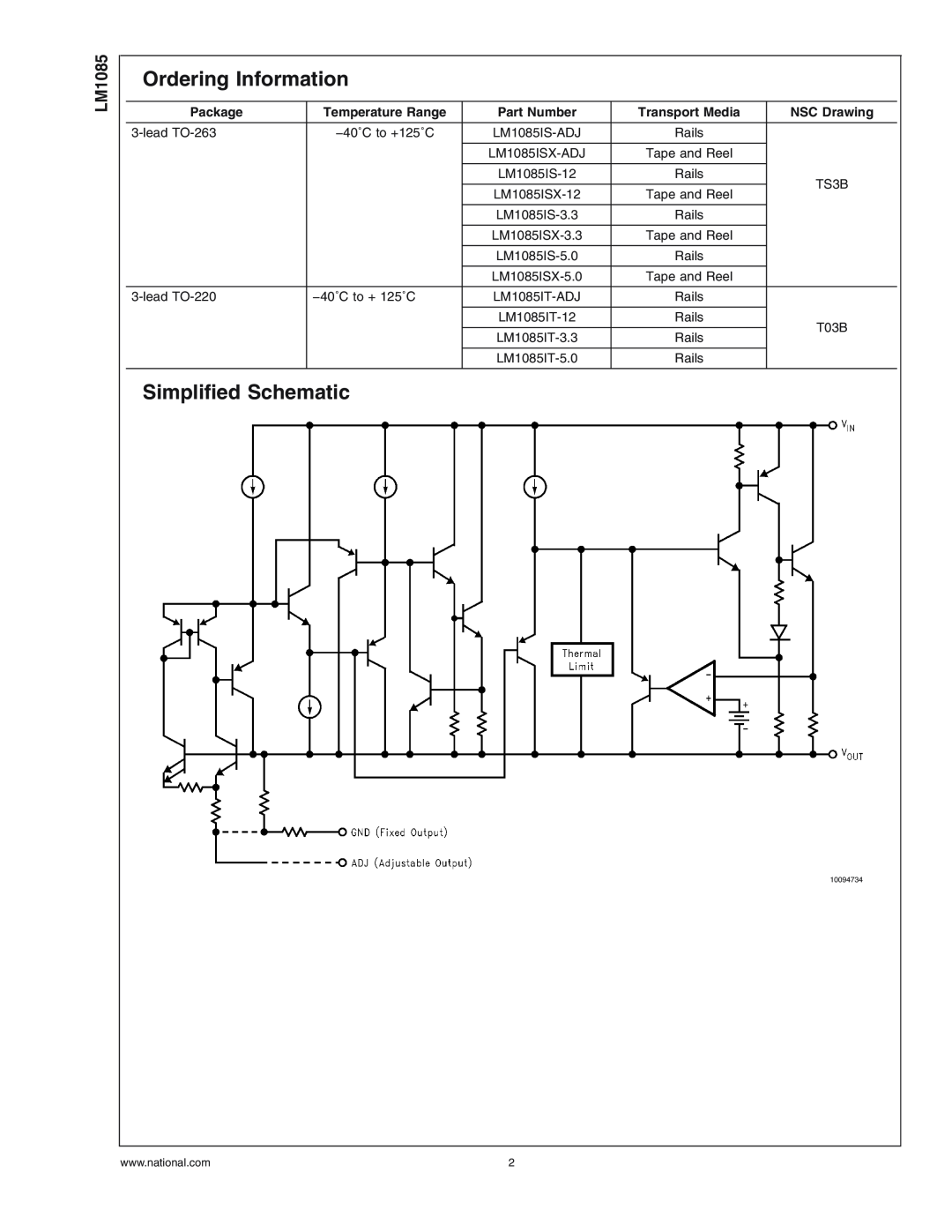 National Instruments LM1085 Series Ordering Information, Simplified Schematic, Package, Temperature Range, Part Number 