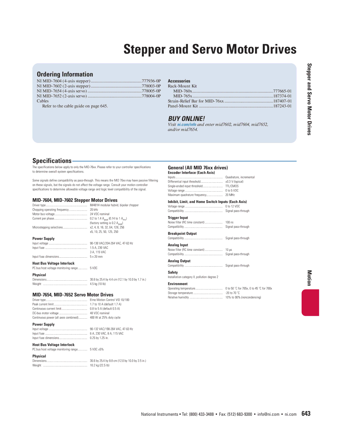 National Instruments NI MID-760X manual Ordering Information, Specifications, General All MID 76xx drives 