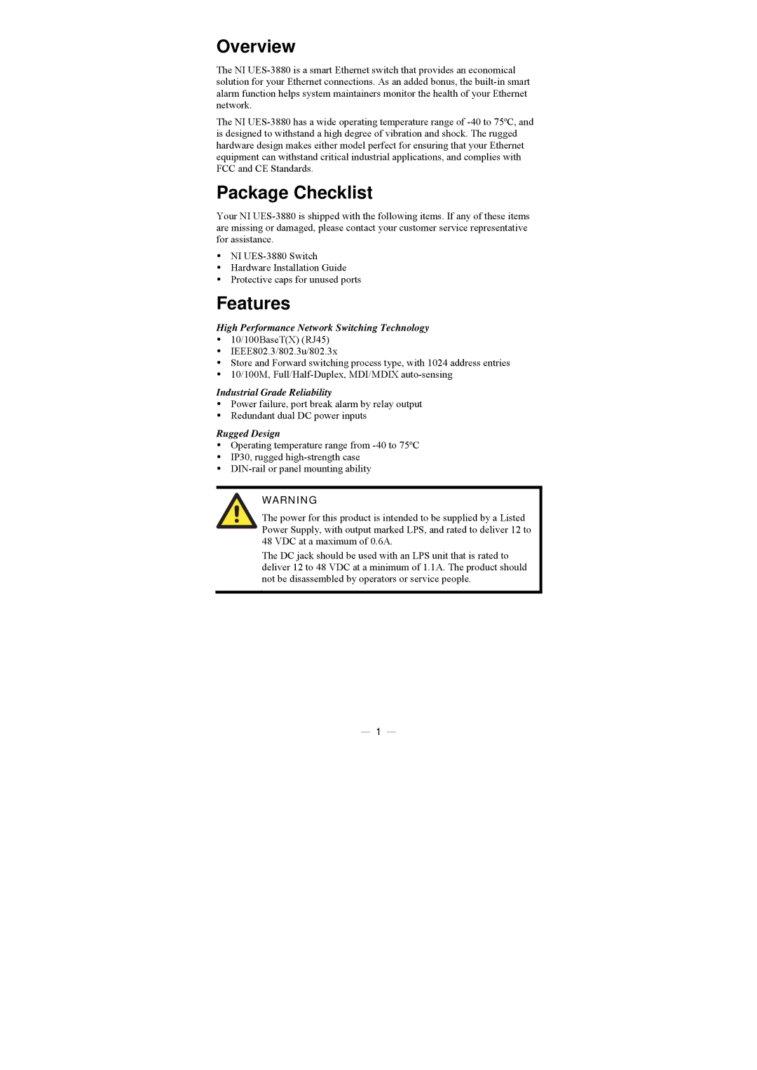 National Instruments NI UES-3880 manual Overview, Package Checklist, Features 