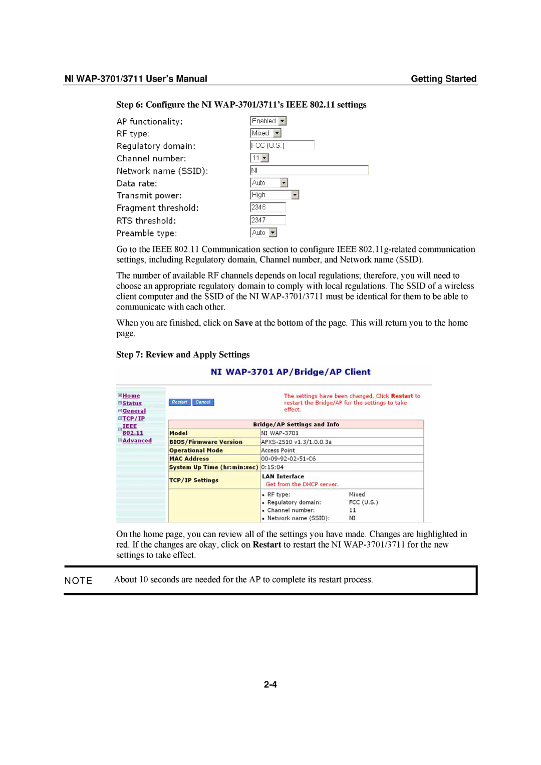 National Instruments WAP-3711 user manual Configure the NI WAP-3701/3711’s Ieee 802.11 settings, Review and Apply Settings 