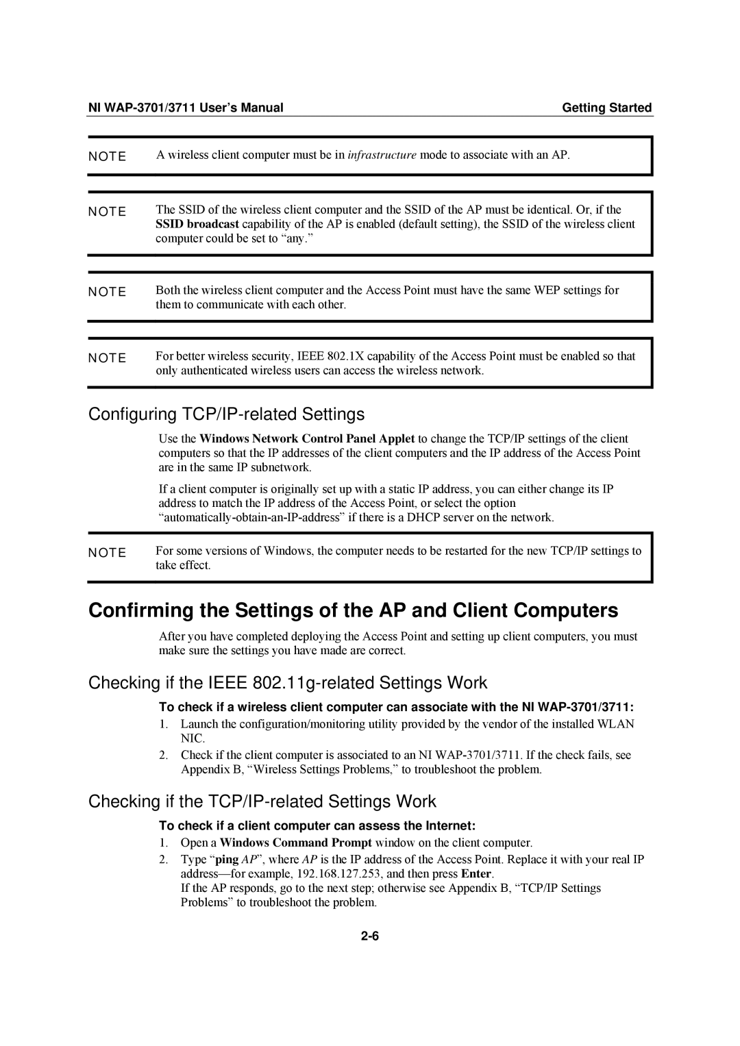 National Instruments WAP-3711 Confirming the Settings of the AP and Client Computers, Configuring TCP/IP-related Settings 