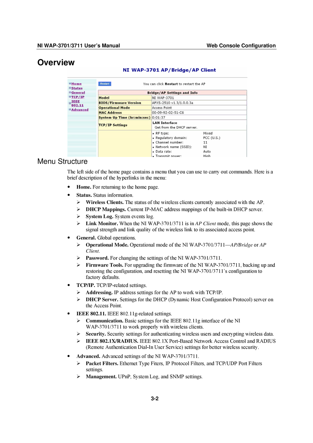 National Instruments WAP-3711 user manual Menu Structure, NI WAP-3701/3711 User’s Manual Web Console Configuration 