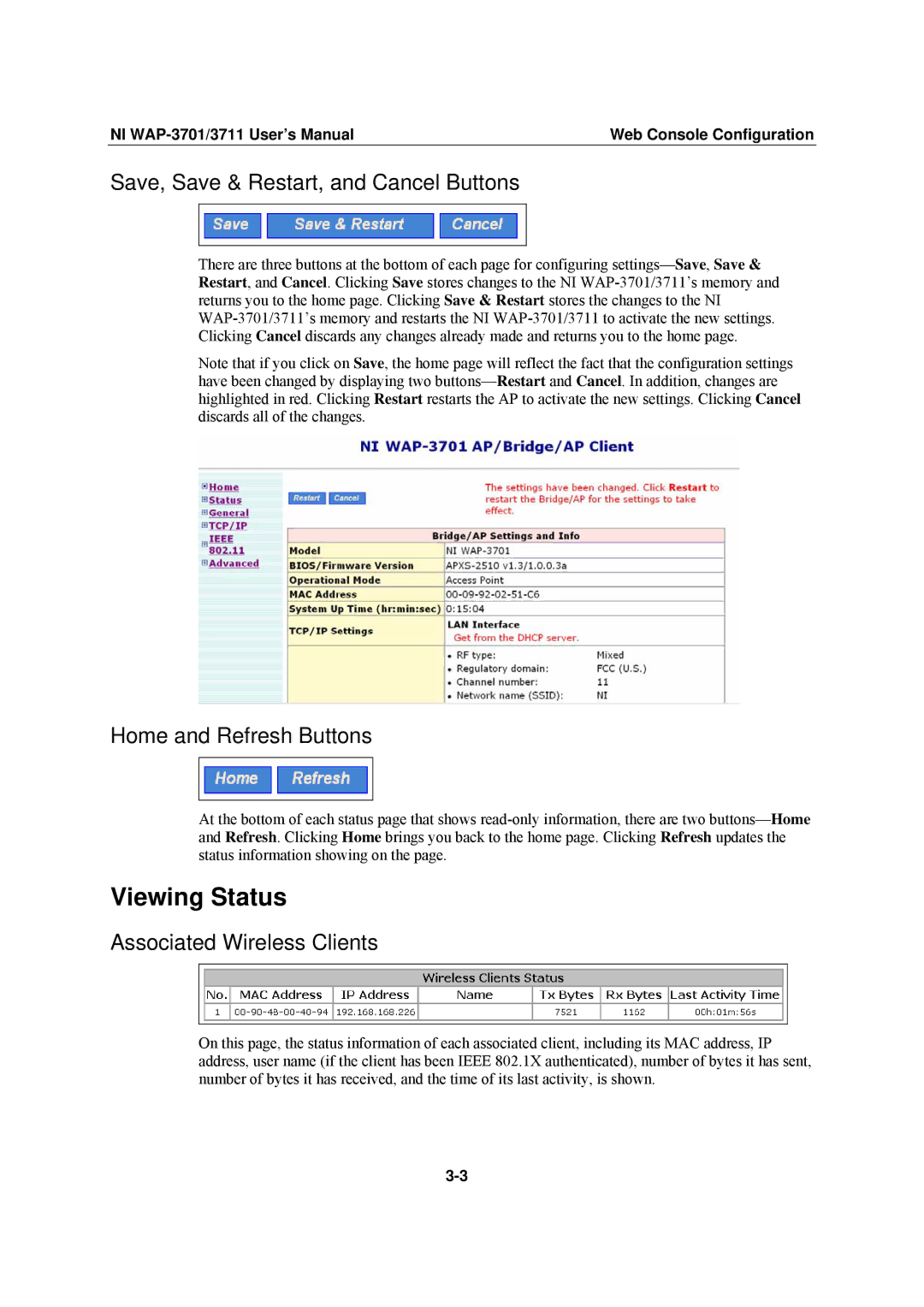 National Instruments WAP-3711, WAP-3701 Viewing Status, Save, Save & Restart, and Cancel Buttons, Home and Refresh Buttons 