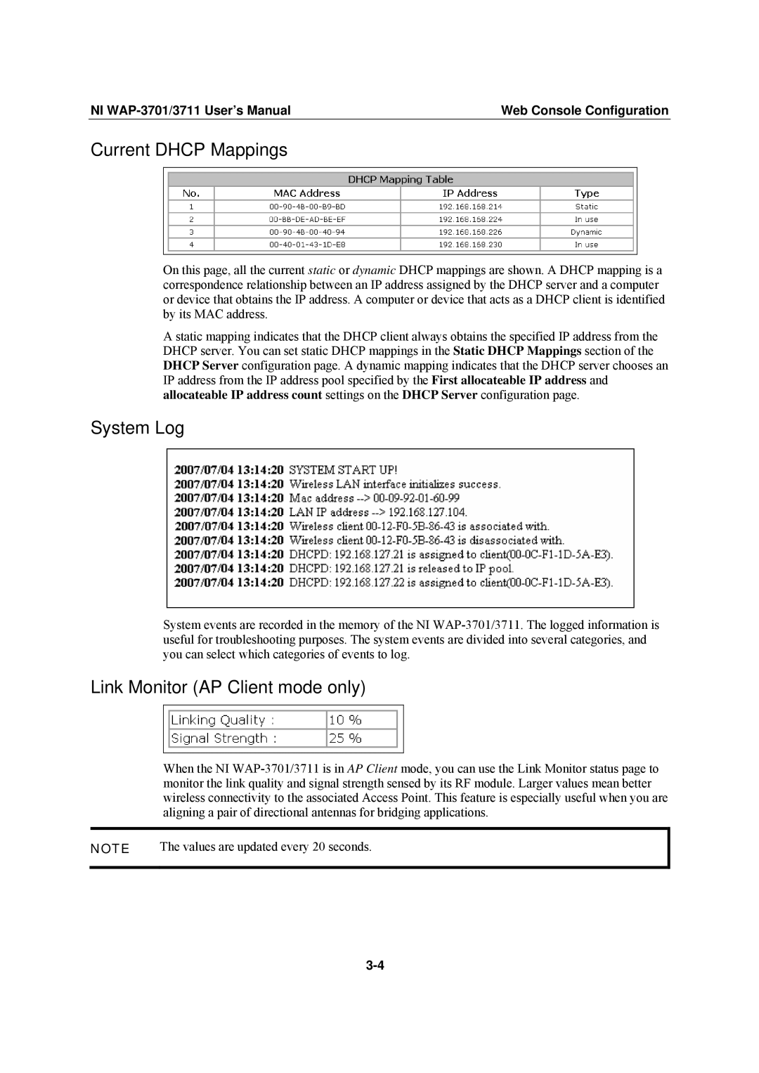 National Instruments WAP-3701, WAP-3711 user manual Current Dhcp Mappings, System Log, Link Monitor AP Client mode only 