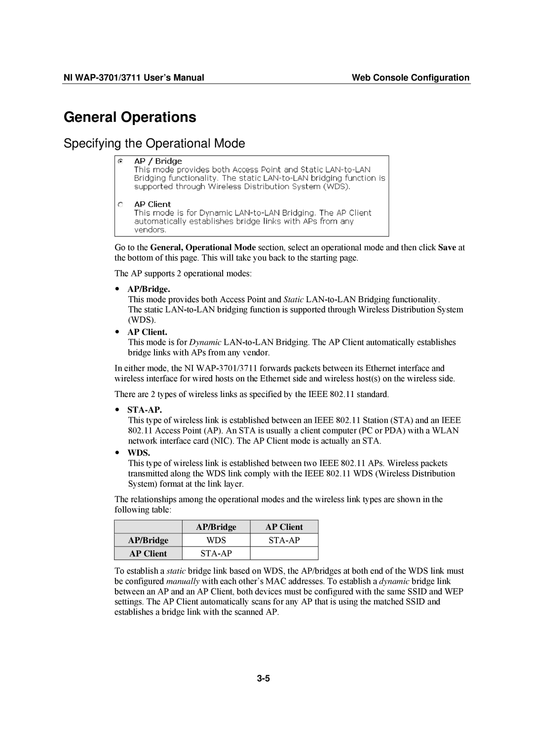 National Instruments WAP-3711 General Operations, Specifying the Operational Mode, Sta-Ap, Wds, AP/Bridge AP Client 