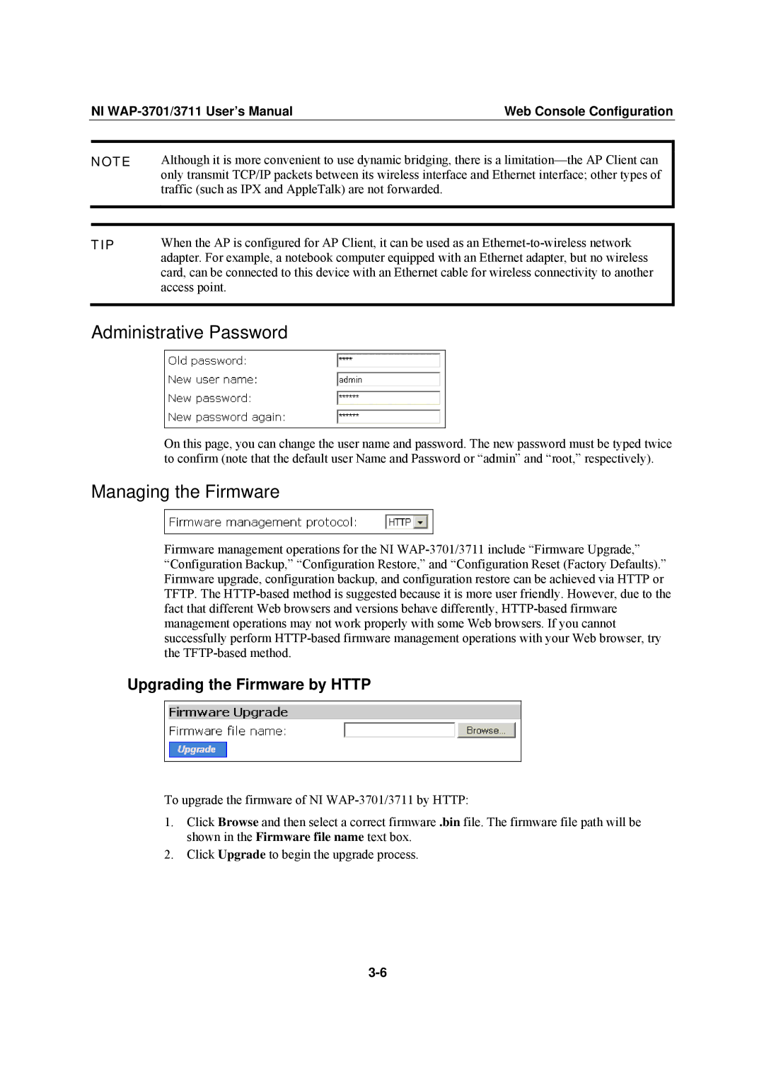 National Instruments WAP-3701, WAP-3711 Administrative Password, Managing the Firmware, Upgrading the Firmware by Http 