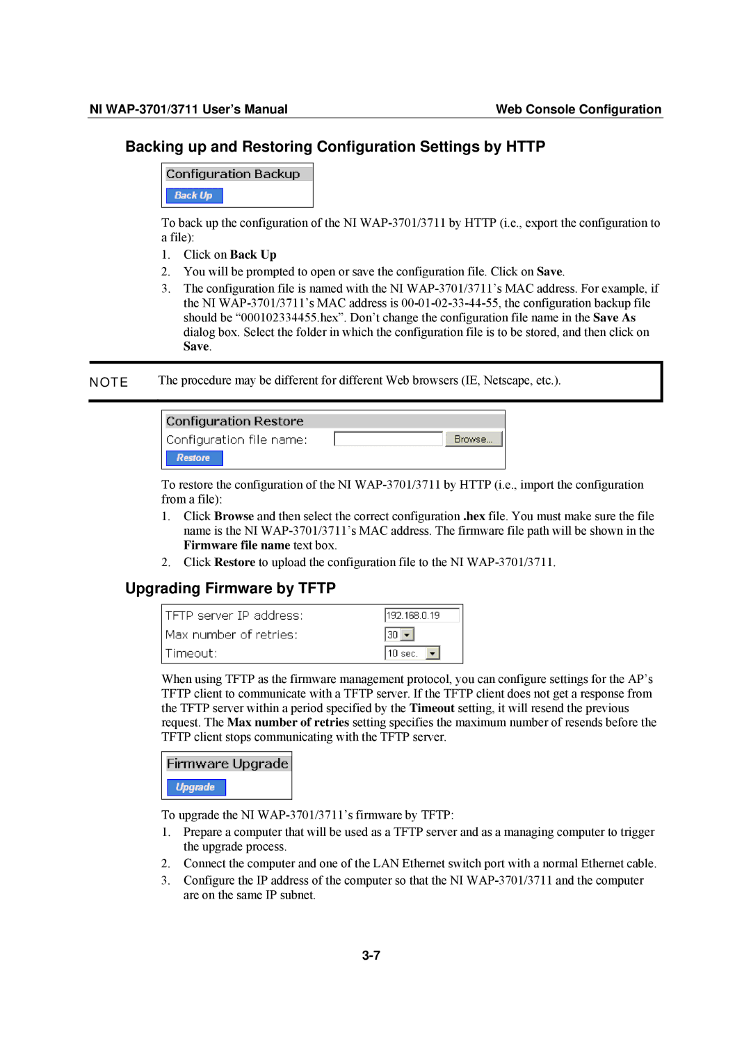 National Instruments WAP-3711 Backing up and Restoring Configuration Settings by Http, Upgrading Firmware by Tftp 