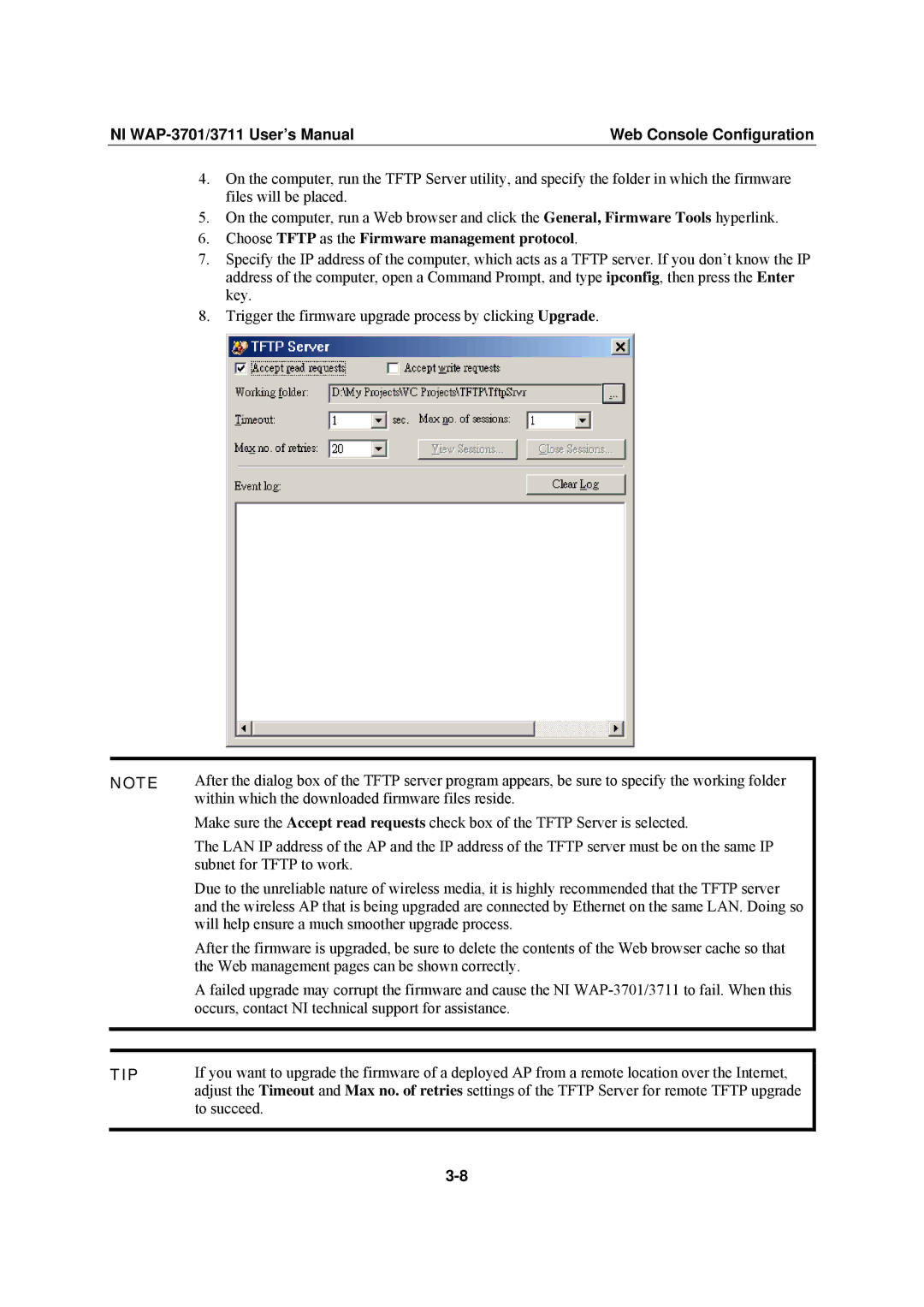 National Instruments WAP-3701, WAP-3711 user manual Choose Tftp as the Firmware management protocol 