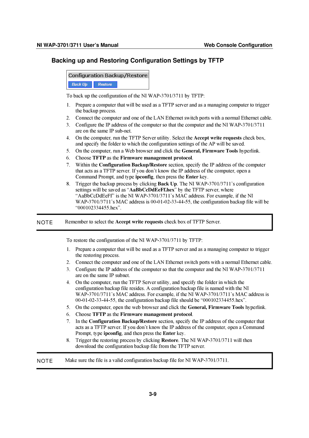 National Instruments WAP-3711, WAP-3701 user manual Backing up and Restoring Configuration Settings by Tftp 