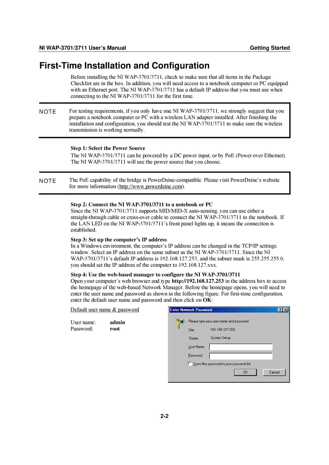 National Instruments WAP-3711 First-Time Installation and Configuration, NI WAP-3701/3711 User’s Manual Getting Started 