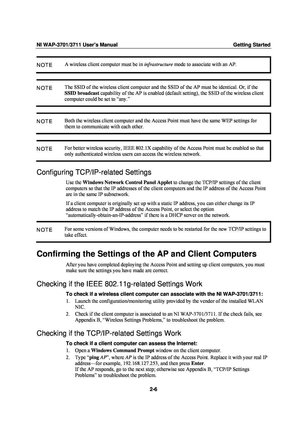 National Instruments WAP-3711 Confirming the Settings of the AP and Client Computers, Configuring TCP/IP-related Settings 