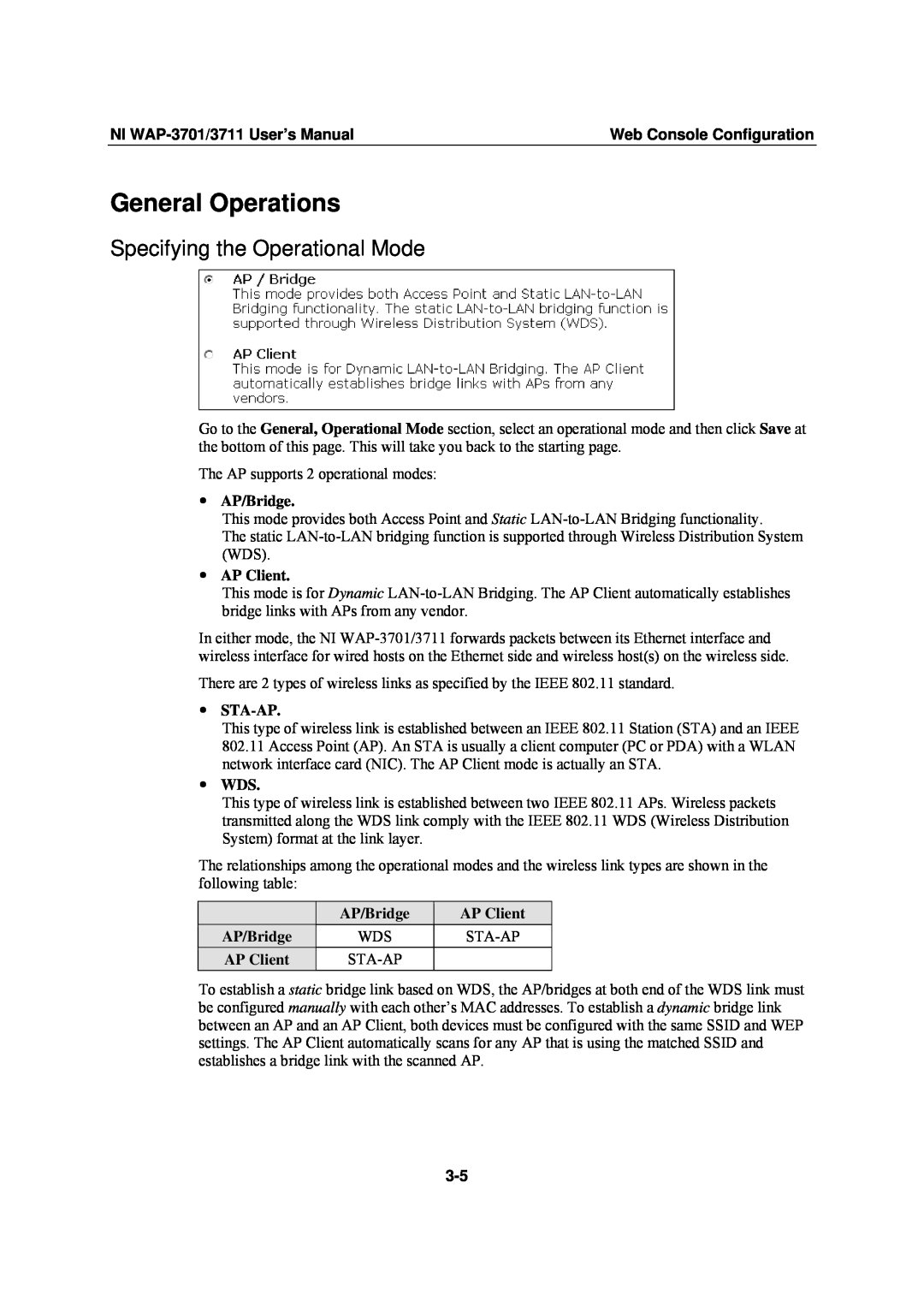 National Instruments WAP-3711 General Operations, Specifying the Operational Mode, NI WAP-3701/3711 User’s Manual, y WDS 