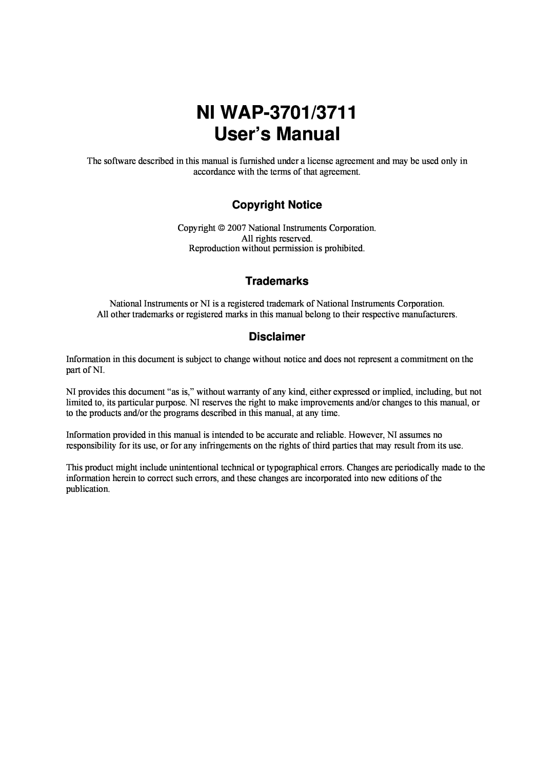 National Instruments WAP-3711 user manual Copyright Notice, Trademarks, Disclaimer, NI WAP-3701/3711 User’s Manual 