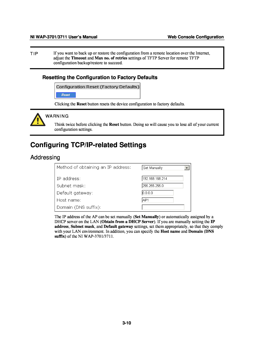 National Instruments WAP-3711 Configuring TCP/IP-related Settings, Addressing, NI WAP-3701/3711 User’s Manual, 3-10 