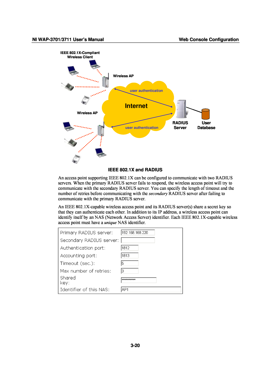National Instruments Internet, NI WAP-3701/3711 User’s Manual, Web Console Configuration, IEEE 802.1X and RADIUS, 3-20 