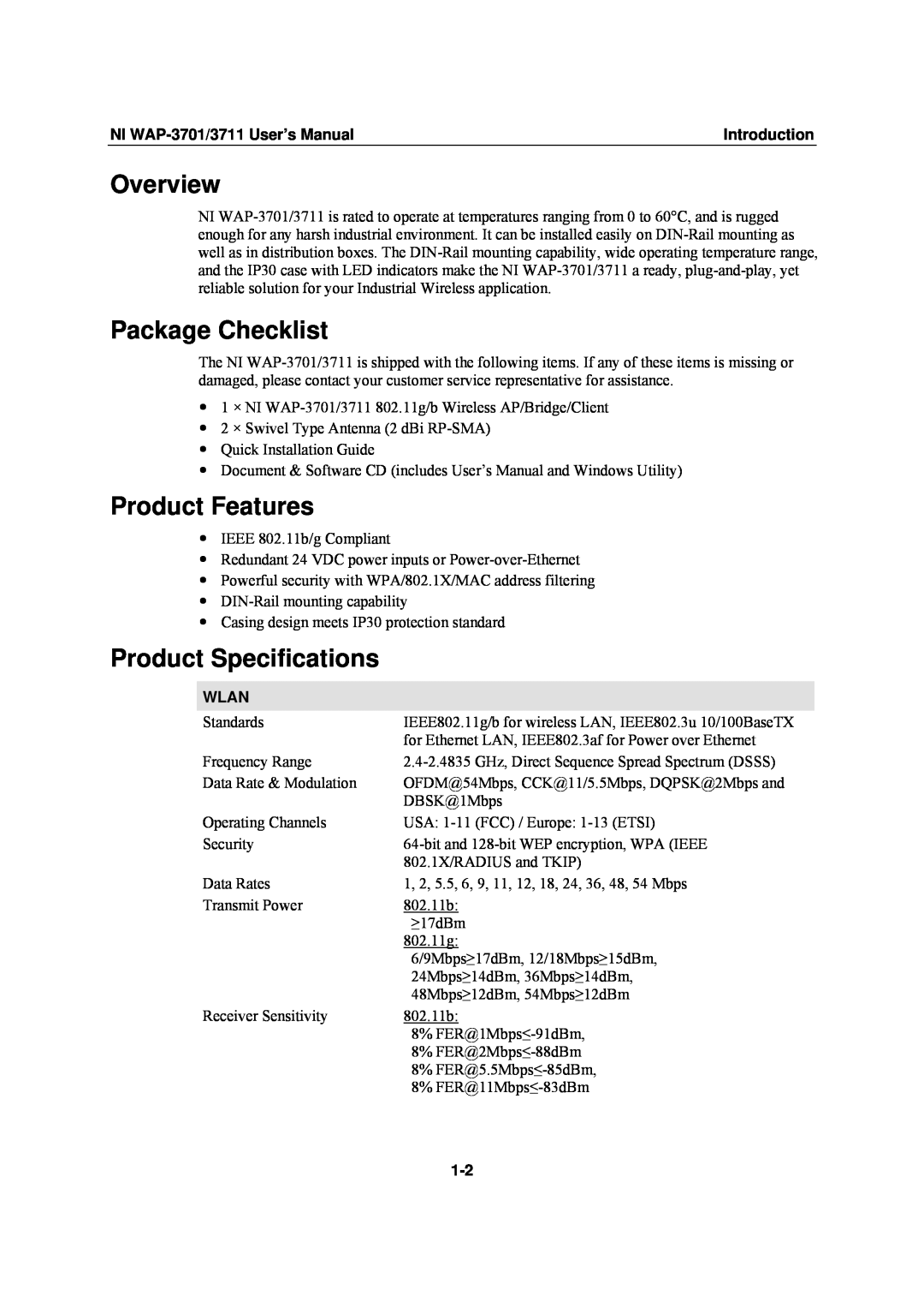 National Instruments WAP-3701 Overview, Package Checklist, Product Features, Product Specifications, Introduction, Wlan 