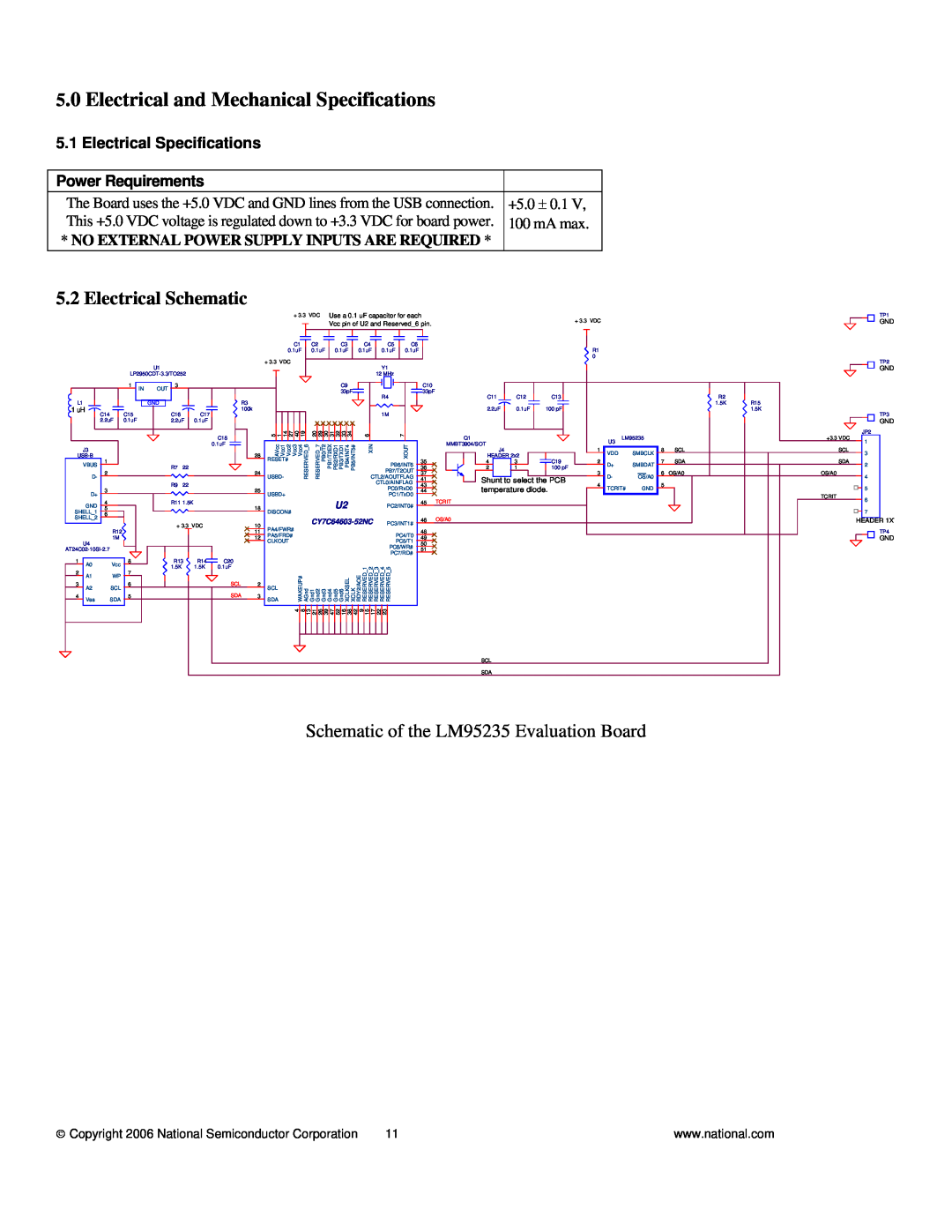 National LM95235 Electrical Schematic, Electrical and Mechanical Specifications, Shunt to select the PCB, CY7C64603-52NC 