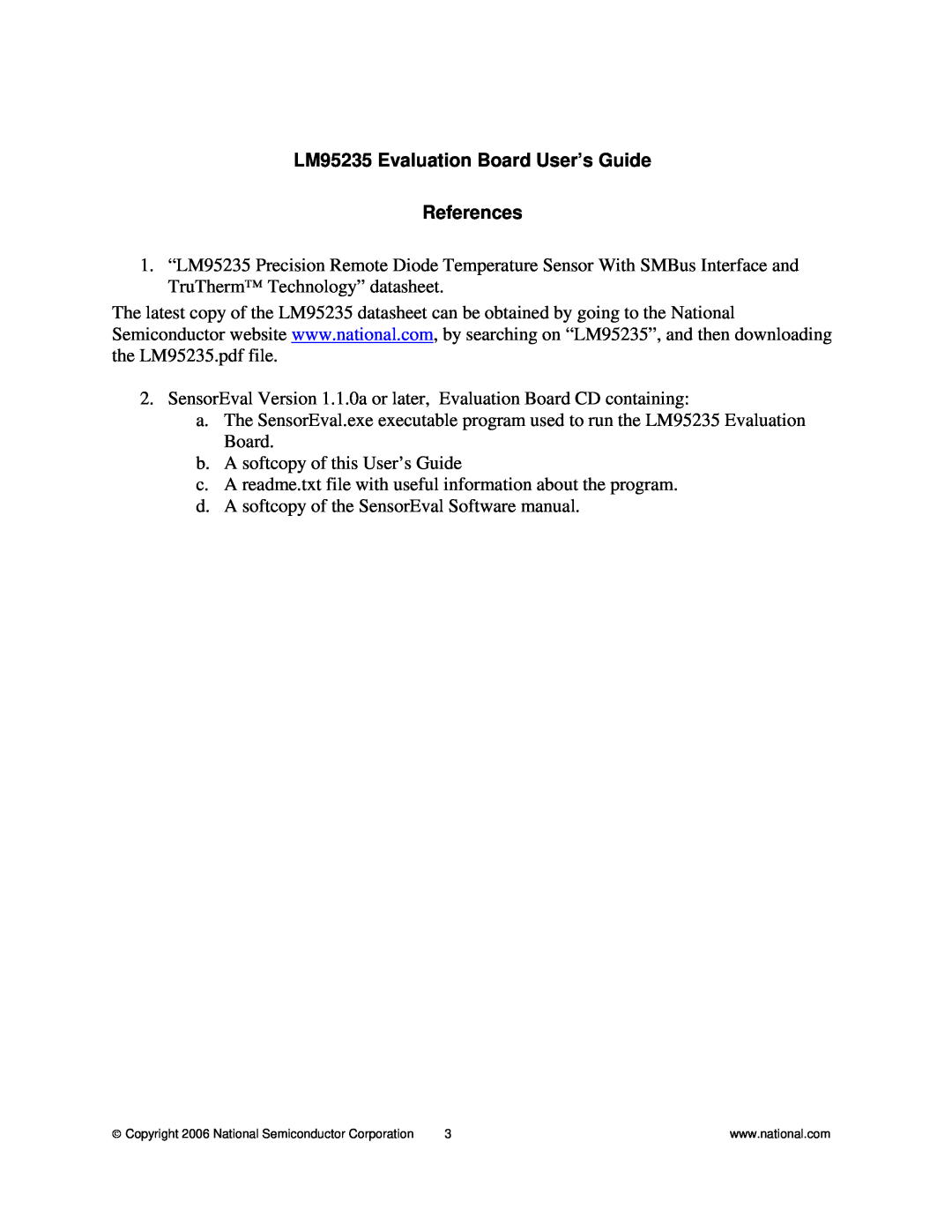 National manual LM95235 Evaluation Board User’s Guide References 