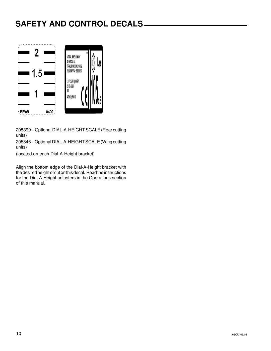 National Mower 68 SR, 68 DL owner manual Safety and Control Decals 