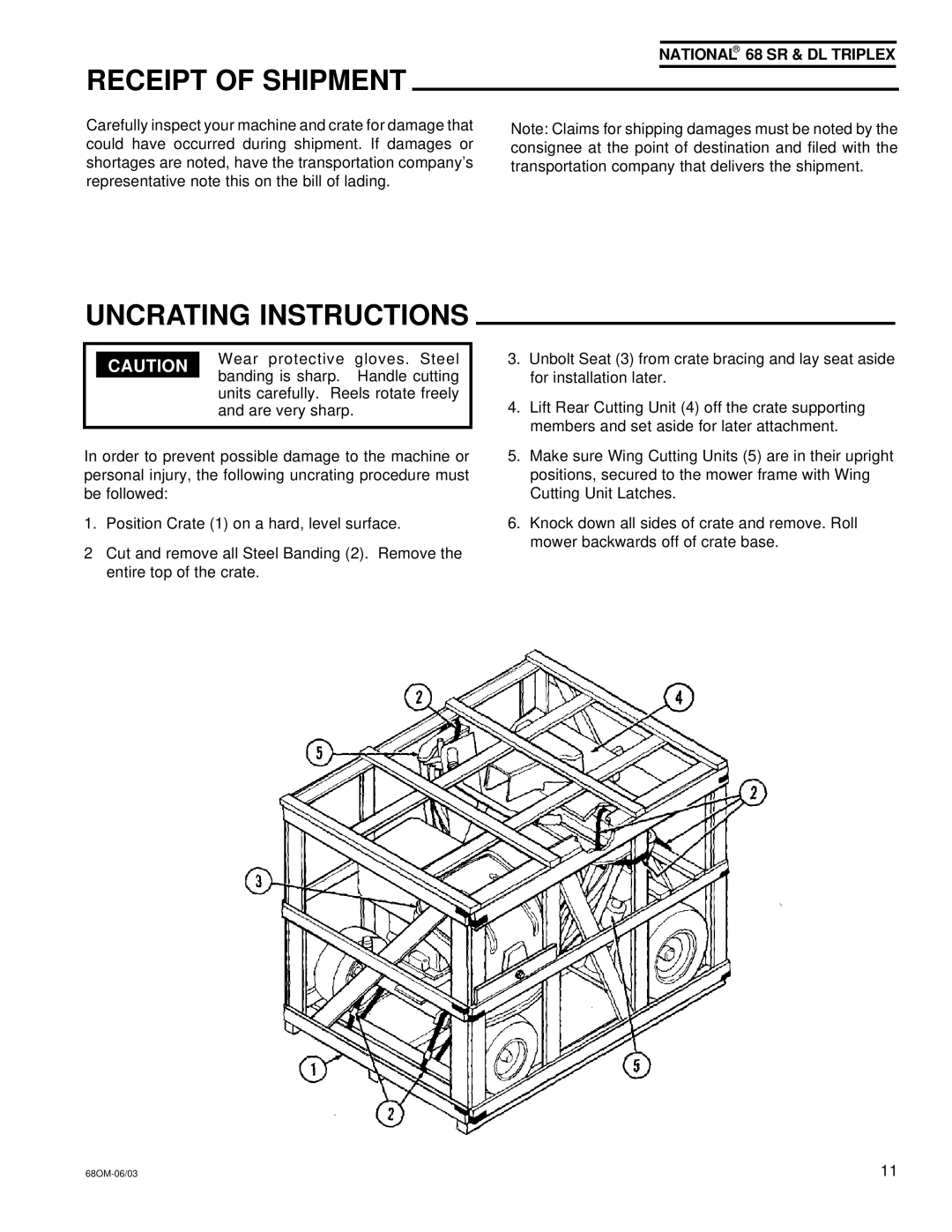 National Mower 68 DL, 68 SR owner manual Receipt of Shipment, Uncrating Instructions 